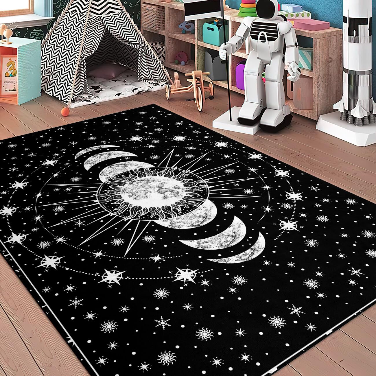 Tapis de soleil et de lune – Tapis céleste bohème pour chambre à coucher, dortoir, salon, motif croissant de croissant solaire, étoiles, galaxie, 150 x 100 cm, noir Tapis de soleil et de lune – Tapis céleste bohème pour chambre à coucher, dortoir, salon, motif croissant de croissant solaire, étoiles, galaxie, 150 x 100 cm, noir