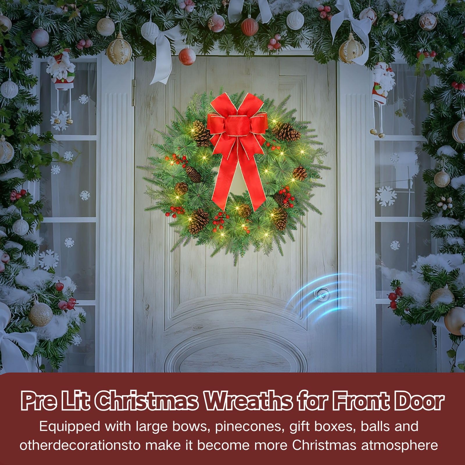 Decoraciones de corona de Navidad de 24 pulgadas, coronas artificiales con 50 luces LED, 8 modos y temporizador, funciona con pilas, 144 puntas de PVC, lazo rojo grande, conos de pino, bayas para