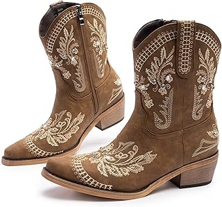 Cowboy Boots for Women, Cowgirl Boots with Sparkly Embroidered Rhinestones, Short Western Ankle Boots