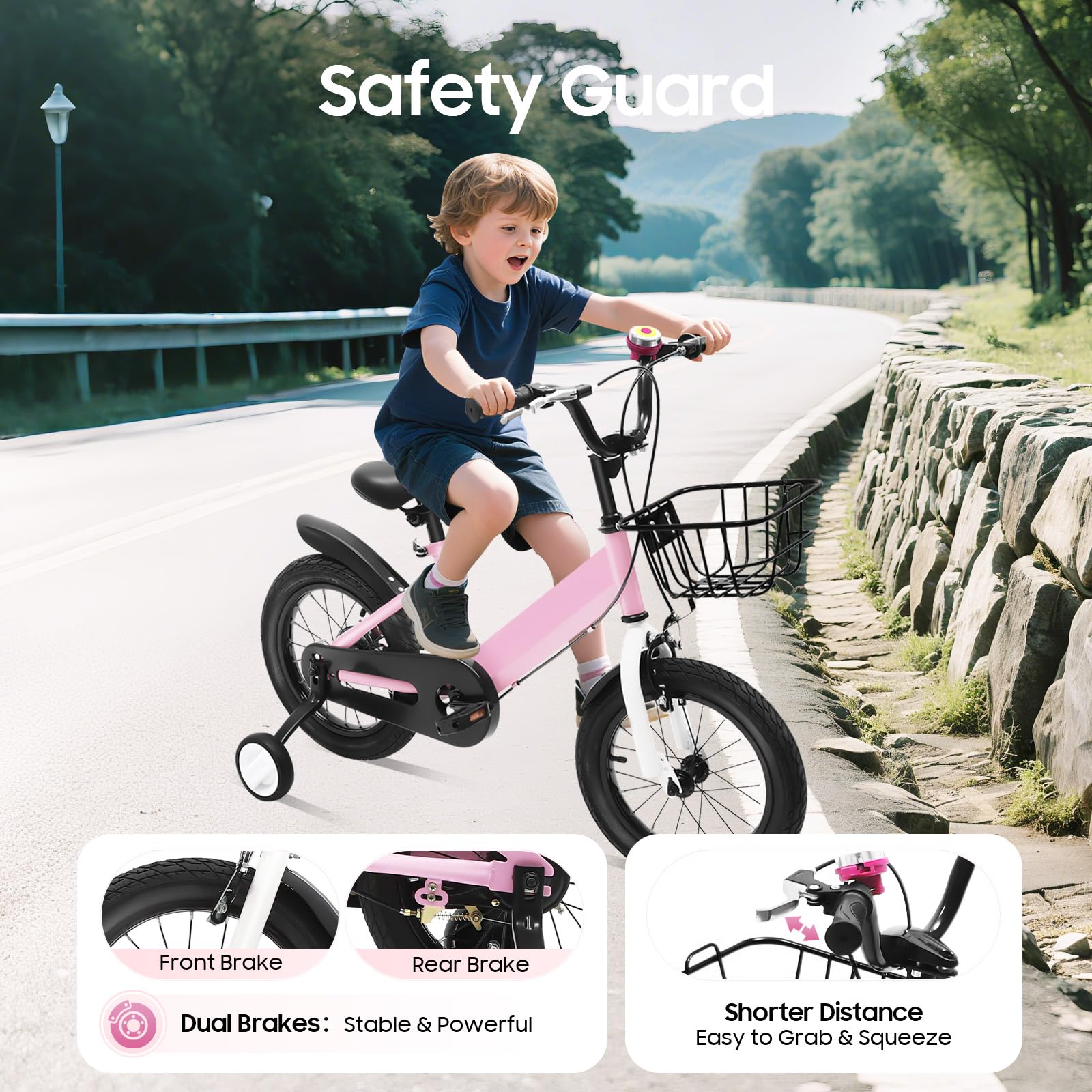 Bicicleta infantil de 14 pulgadas, con ruedines, cesta y borlas para el manillar en color rosa, para niñas y niños a partir de 3-5 años, manillar y asiento ajustables en altura, freno delantero
