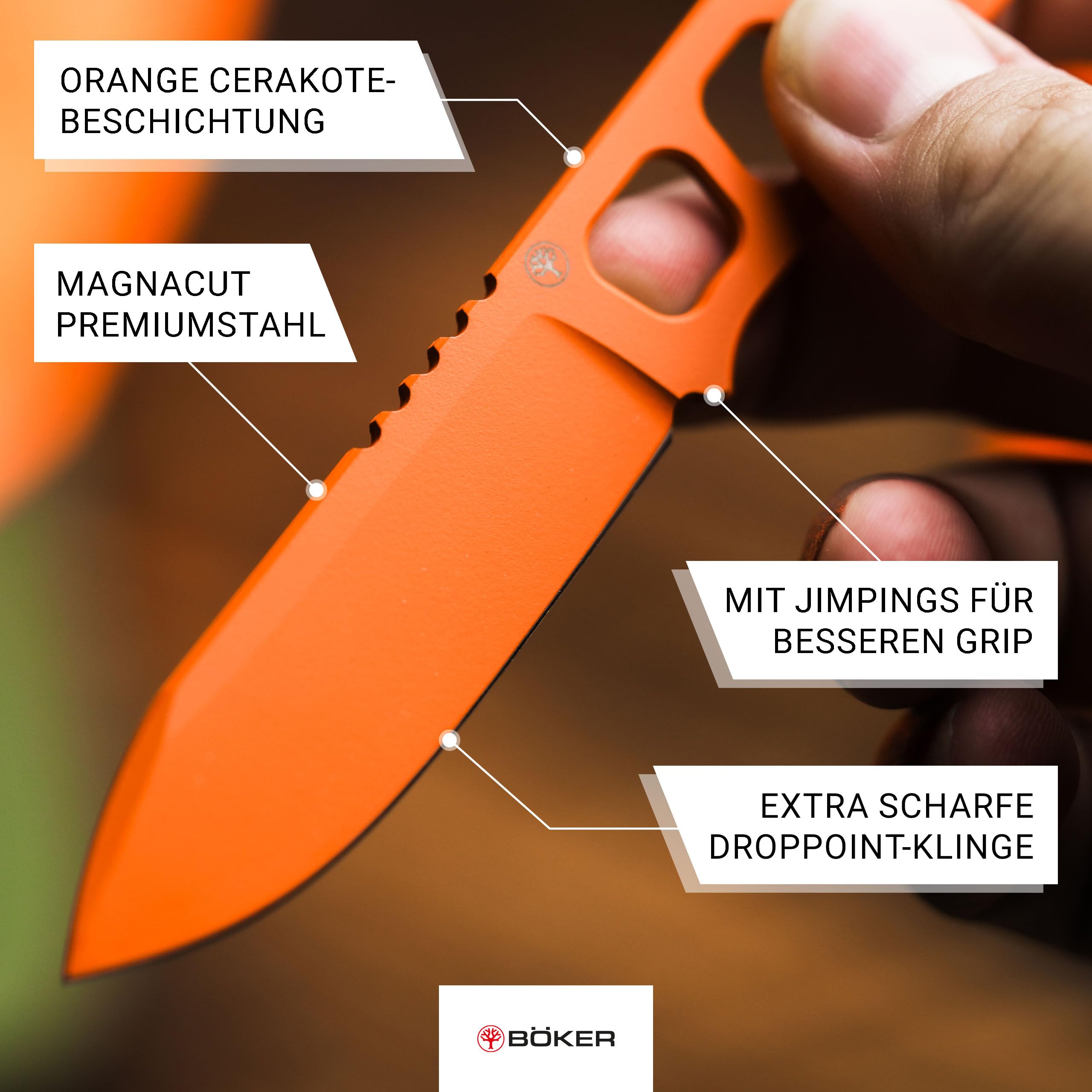 BÖKER GERMANY® BFF Packlite All Orange - ultraleichtes 42a konformes Neck Knife mit MagnaCut Klinge - feststehendes Jagdmesser in Signalorange mit Kydex-Scheide & Kugelkette für Revier & Outdoor