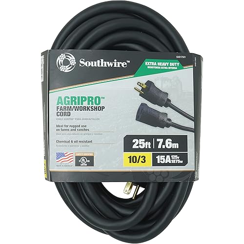 AgriPro Southwire 64817501 10/3 SJTOW Foot Extra Heavy-Duty 15 Amp Farm/Workshop Extension Cord; Made in The USA; 25-Feet; UL Listed; Black