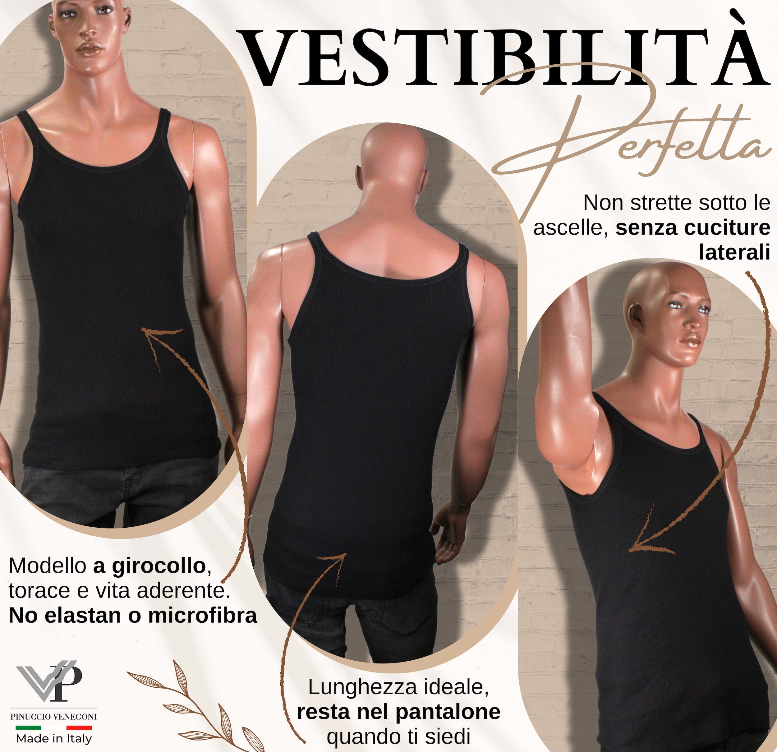 VP Pinuccio Venegoni Conjunto de 3 camisetas para hombre íntimo acanalado; fabricado en Italia, 100% algodón mercerizado; Camiseta de tirantes de hombro estrecho íntima blanca negra sin mangas;