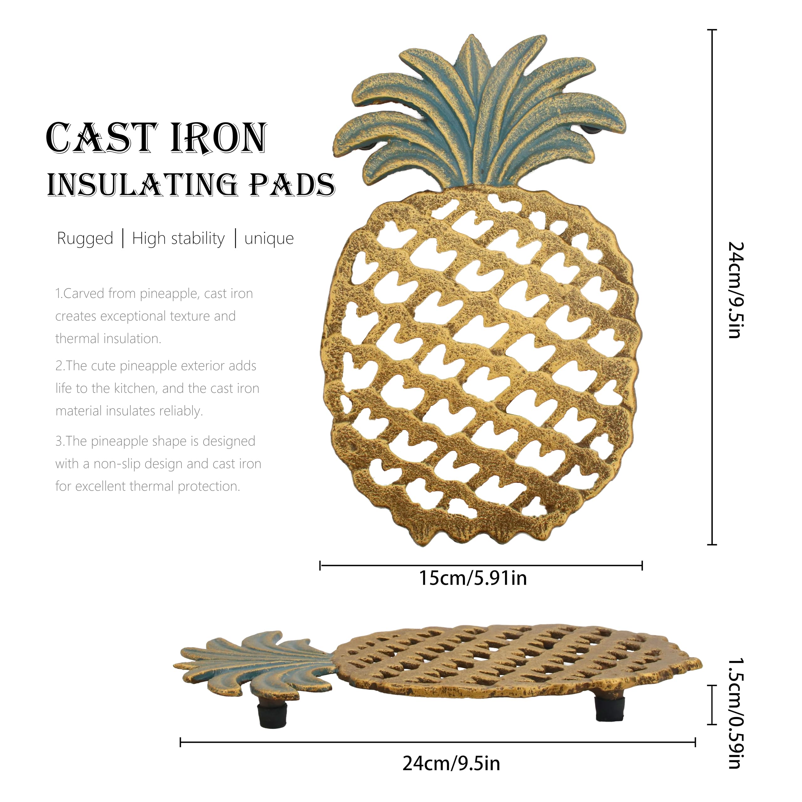 Linton Arts Cast Iron Pineapple Trivet for Hot Dishes (9.84 Inches) - Decorative Pineapple Iron Trivet & Kitchen Hot Pad, Heavy-Duty Heat-Resistant Table Protector, Rustic Home Decor Gift