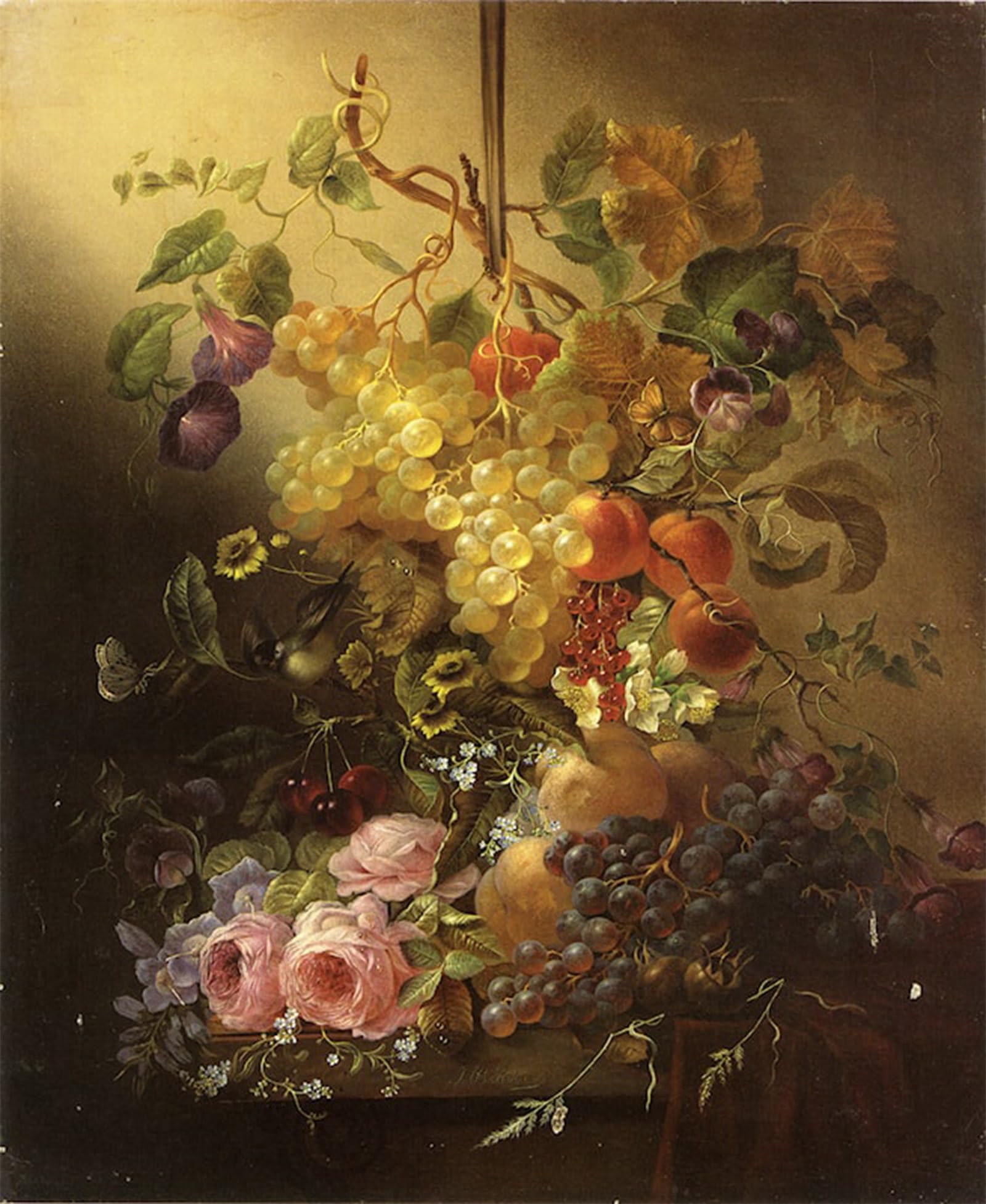 ARTXLXXBN Famous Painting Art Wall Decor Abstract Art Picture Flowers Fruit a Bird and Butterflies on a Table by Jean-baptiste Robie Animal Pictures for Home Decor 60x90cm