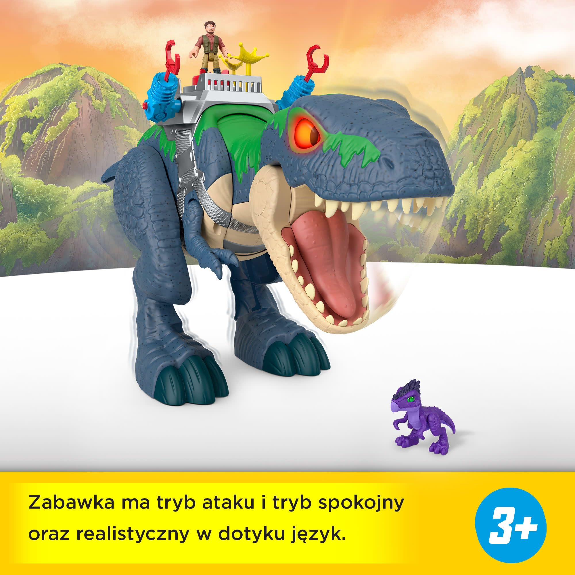 Fisher-Price Imaginext Jurassic World Odrodzenie T. Rex Mega Akcja Wielki gryz Figurka światła i dźwięki + 2 małe figurki Zestaw Interaktywna zabawka dinozaur 3+, JGR40