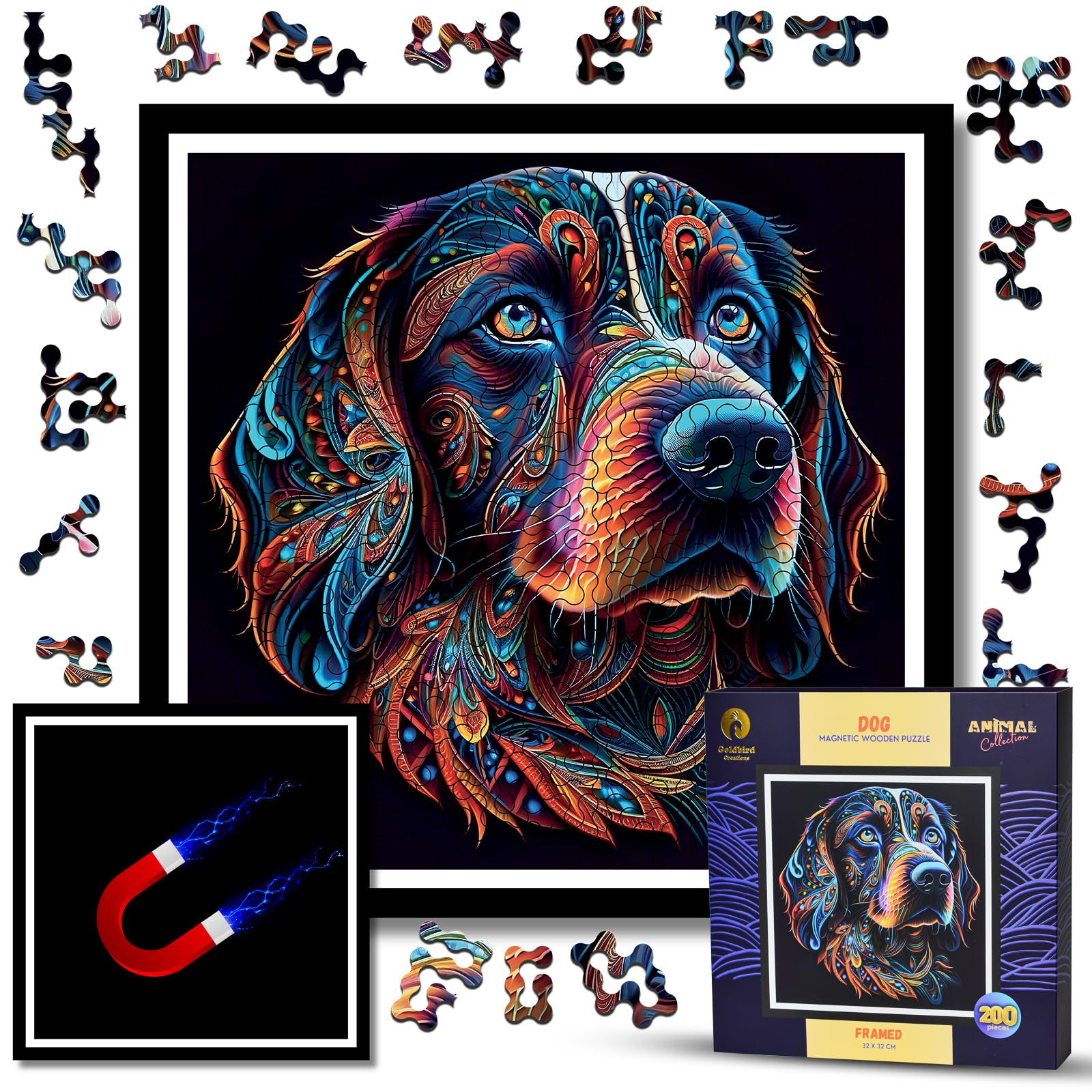 Wooden Jigsaw Puzzles With Frame - Animal Wooden Puzzles For Adults - Difficult Jigsaw - Wall Decor - Birthday Idea (Dog)