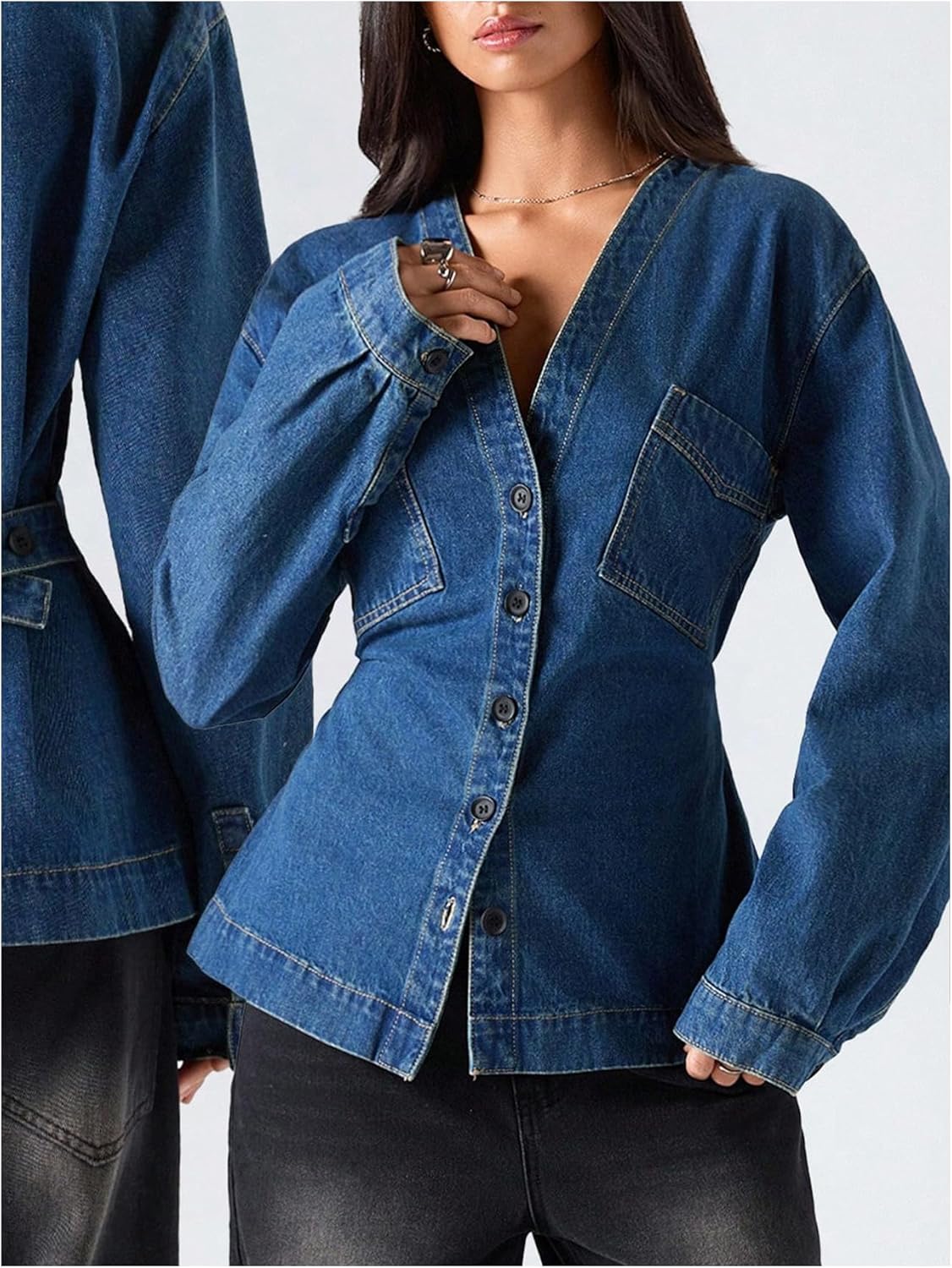 WDIRARA Women's V Neck Button Down Jean Jackets Cinch Waist Long Sleeve Denim Jacket Outerwear - Image 5