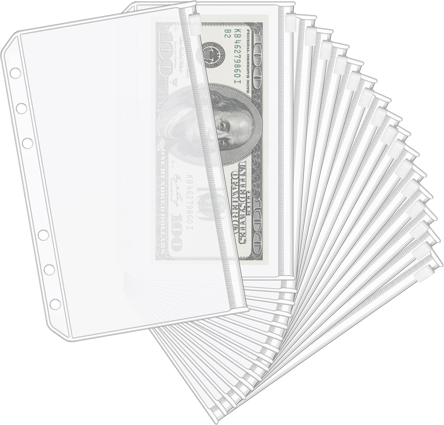 KTRIO  A6 Binder Pockets  Holes Cash Envelopes for Budgeting, Clear Zipper Pouch Folders A6 Planner Inserts, Waterproof PVC Loose Leaf Filing Bags Plastic Money Coupon Sticky Notes Organizer