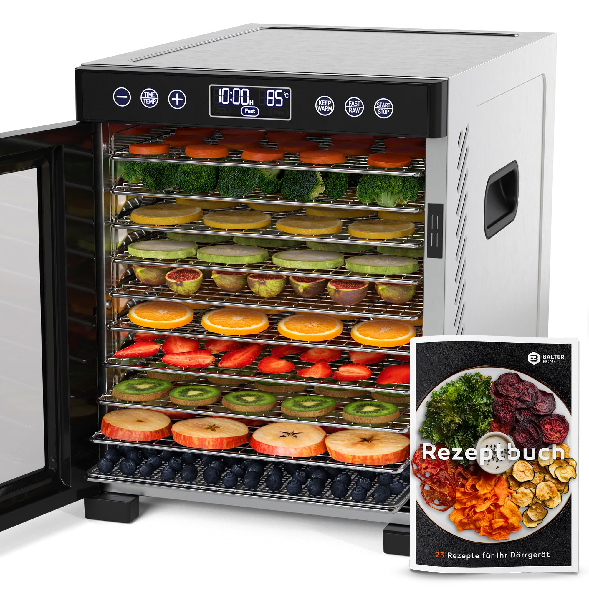 Balter Dörrautomat Edelstahl, Dörrgerät mit 7 Einlegefächern, BPA-frei, 600 W, 35°–75°C, Timer bis 48 Std, Dehydrator, Obsttrockner, Dörrapparat, Warmhaltefunktion, Obst Fleisch Pilze, Rezeptbuch
