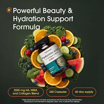 NatureBell Hyaluronic Acid 2,000mg with Collagen & MSM - 240 Capsules - Skin Hydration, Hair, Nail & Joint Support - Water Soluble Formula for Easy Absorption* - Non-GMO & Gluten-Free