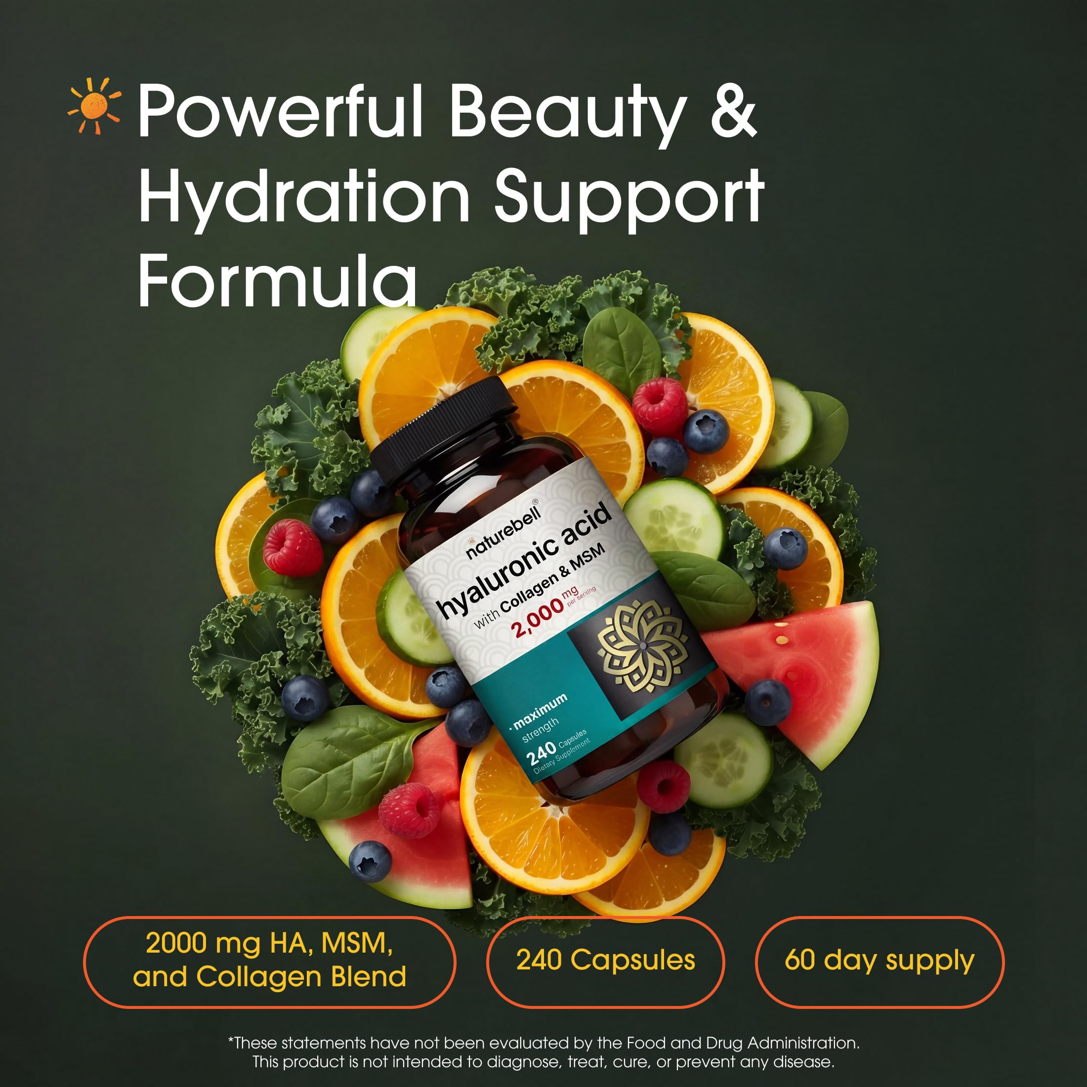 NatureBell Hyaluronic Acid 2,000mg with Collagen & MSM - 240 Capsules - Skin Hydration, Hair, Nail & Joint Support - Water Soluble Formula for Easy Absorption* - Non-GMO & Gluten-Free — Amazon image 2