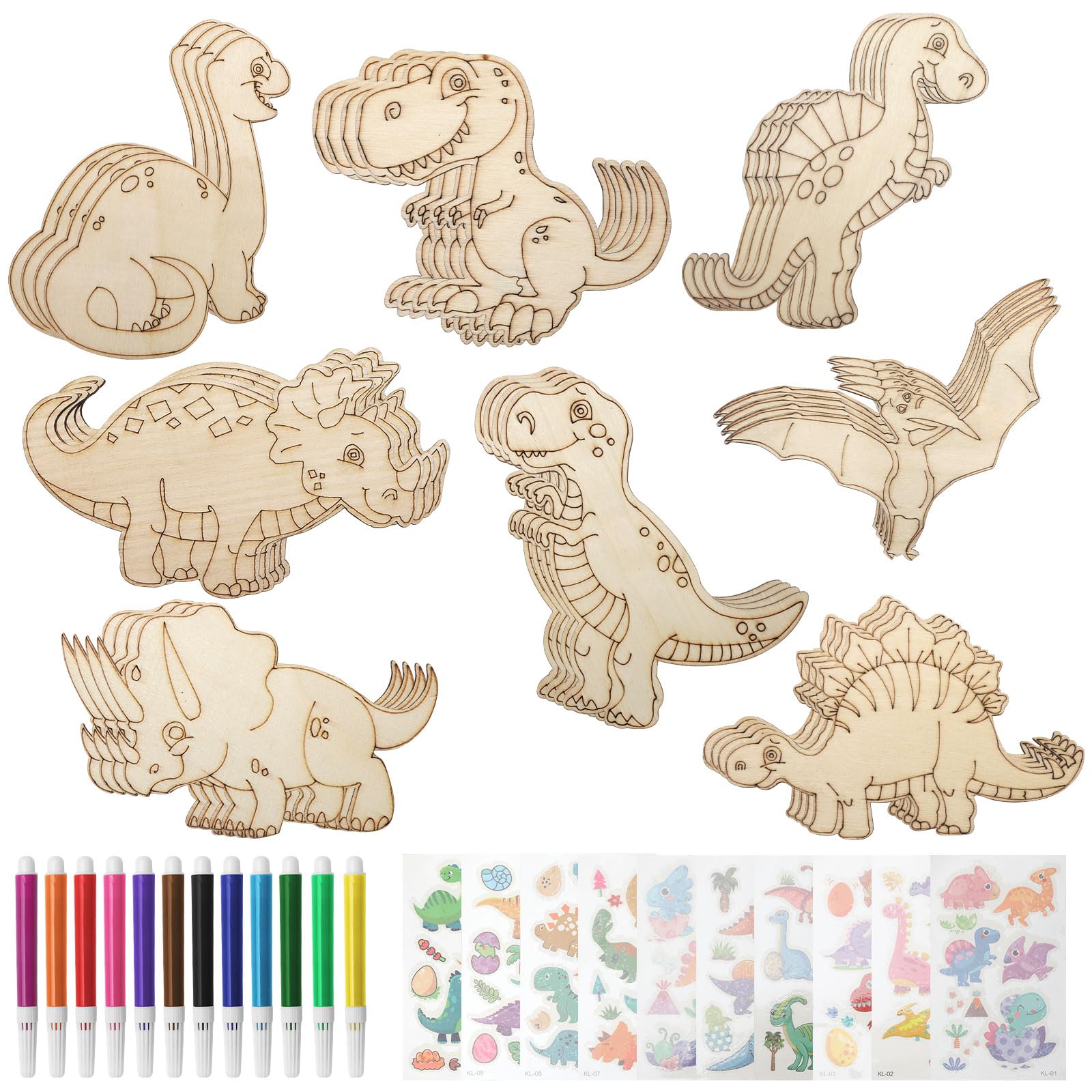 VOSSOT 54 Piezas Dinosaurio Manualidades, Manualidades de Dinosaurios de Madera para Niños, Kit de Dinosaurio en Madera DIY con 32 dinosaurios de madera, 12 lápices de colores, 10 pegatinas