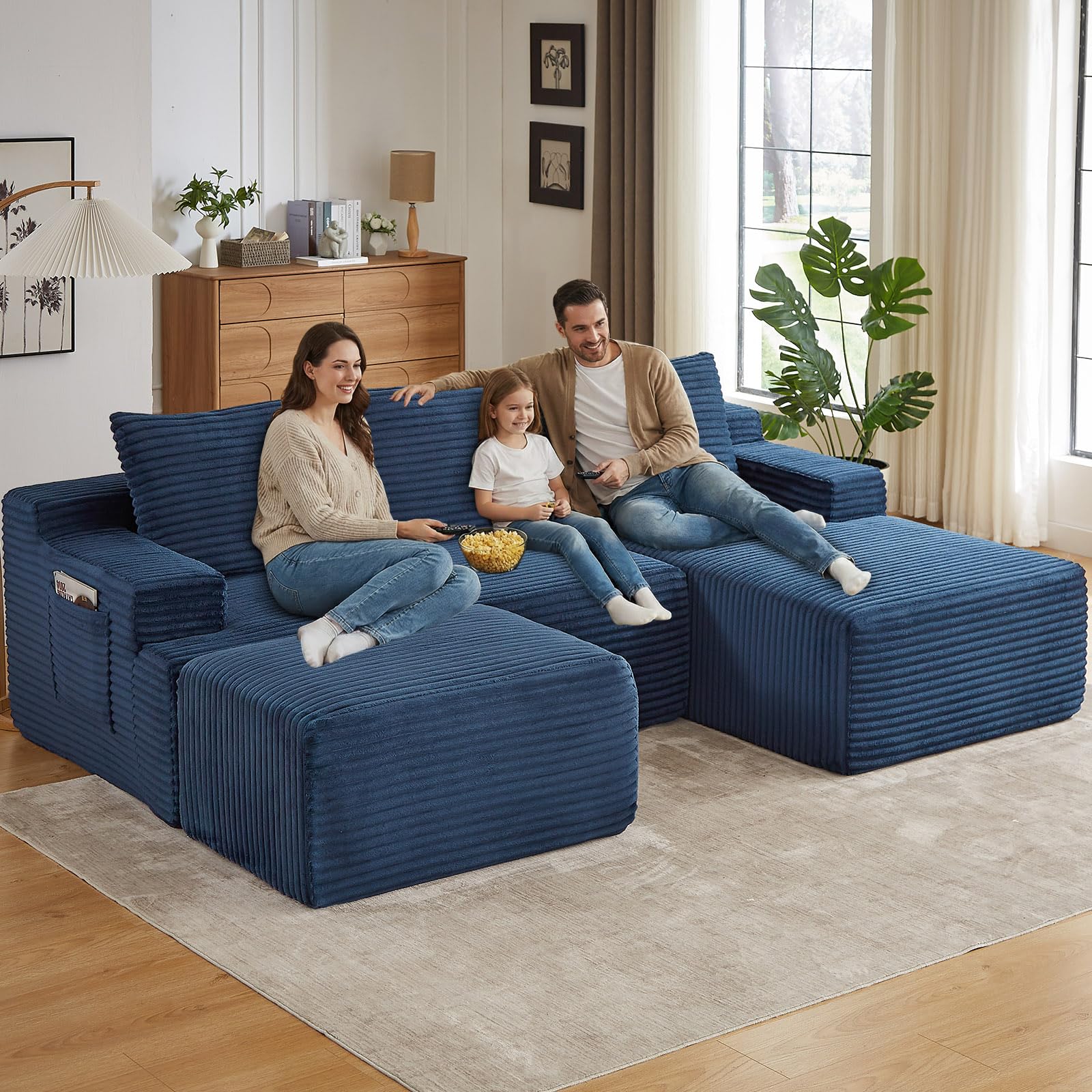 96" U-Shape Cloud Couch, Modern Modular Sectional L-Shape Sofa with Ottoman, Corduroy Upholstered Couches Deep Seat Sleeper Chaise Longue for Living Room, No Assembly Required(Blue, Right Facing)