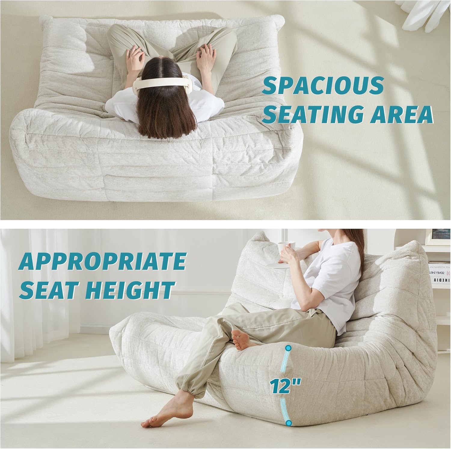 Homguava Bean Bag Chair, Giant Beanbag Chairs for Adults, Memory Foam Fireside Chair, Large Lazy Floor Sofa, Sofa Couch with High-Rebound Foam, Lounge Chair for Living Room, Bedroom (Beige, Loveseat)