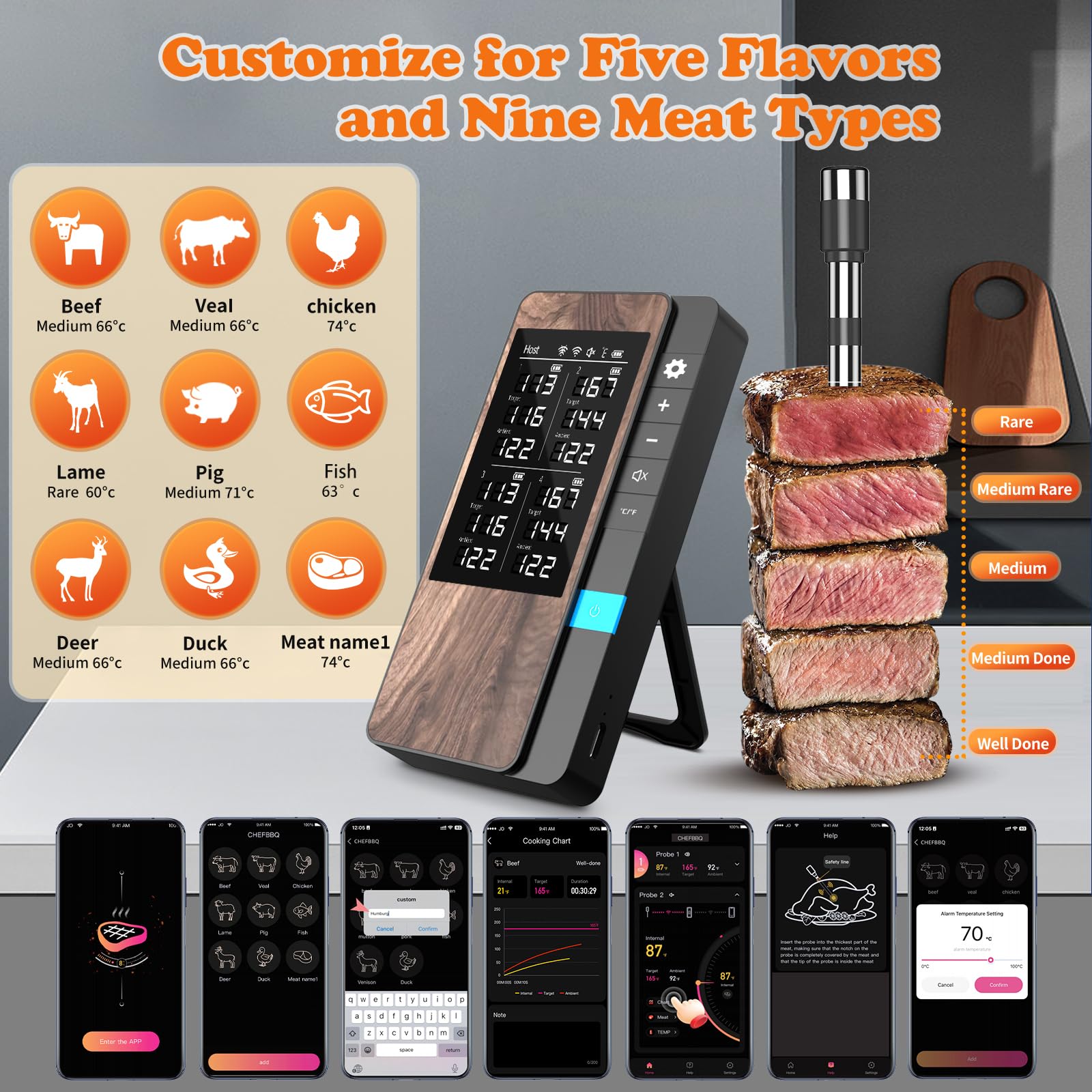 Termometro Cocina Paquete de 4, Pakinui Termometro Digital Cocina Inalámbrico con Aplicación, IP67 a Prueba de Agua Meat Thermometer, Termometro Carne para BBQ, Horno, Grill, Cocina, Asador