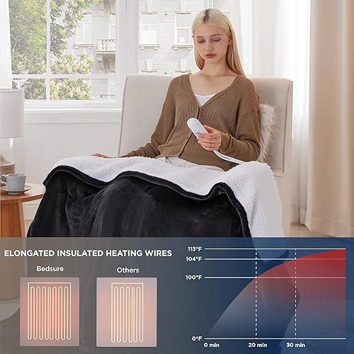 Miniatura 3 de Bedsure Manta térmica eléctrica, manta eléctrica de franela suave, manta térmica con 4 ajustes de tiempo, 6 ajustes de calor y temporizador de 3