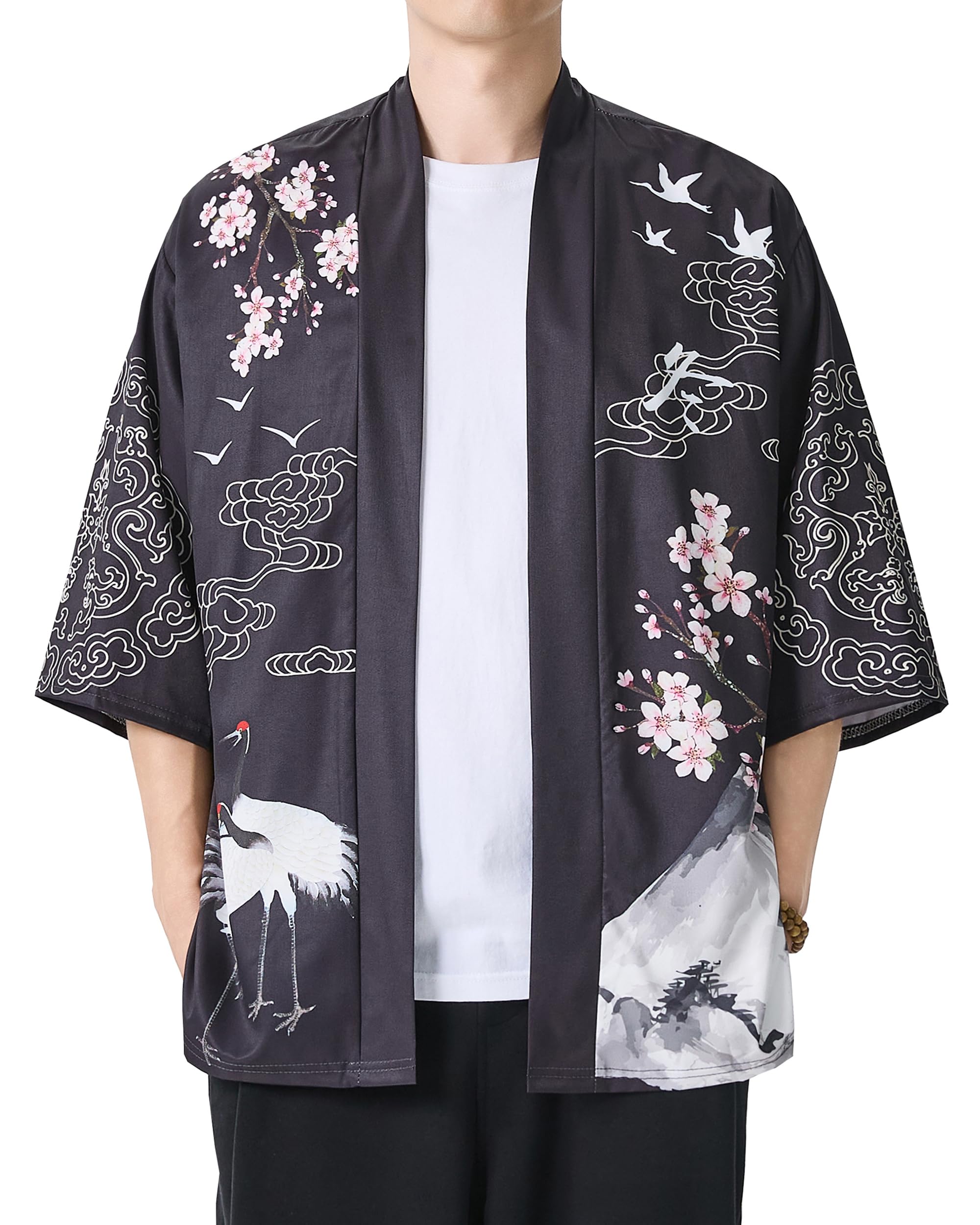Men's Kimono Jacket Lightweight 3/4 Sleeve Kimono Cardigan Japanese Robe
