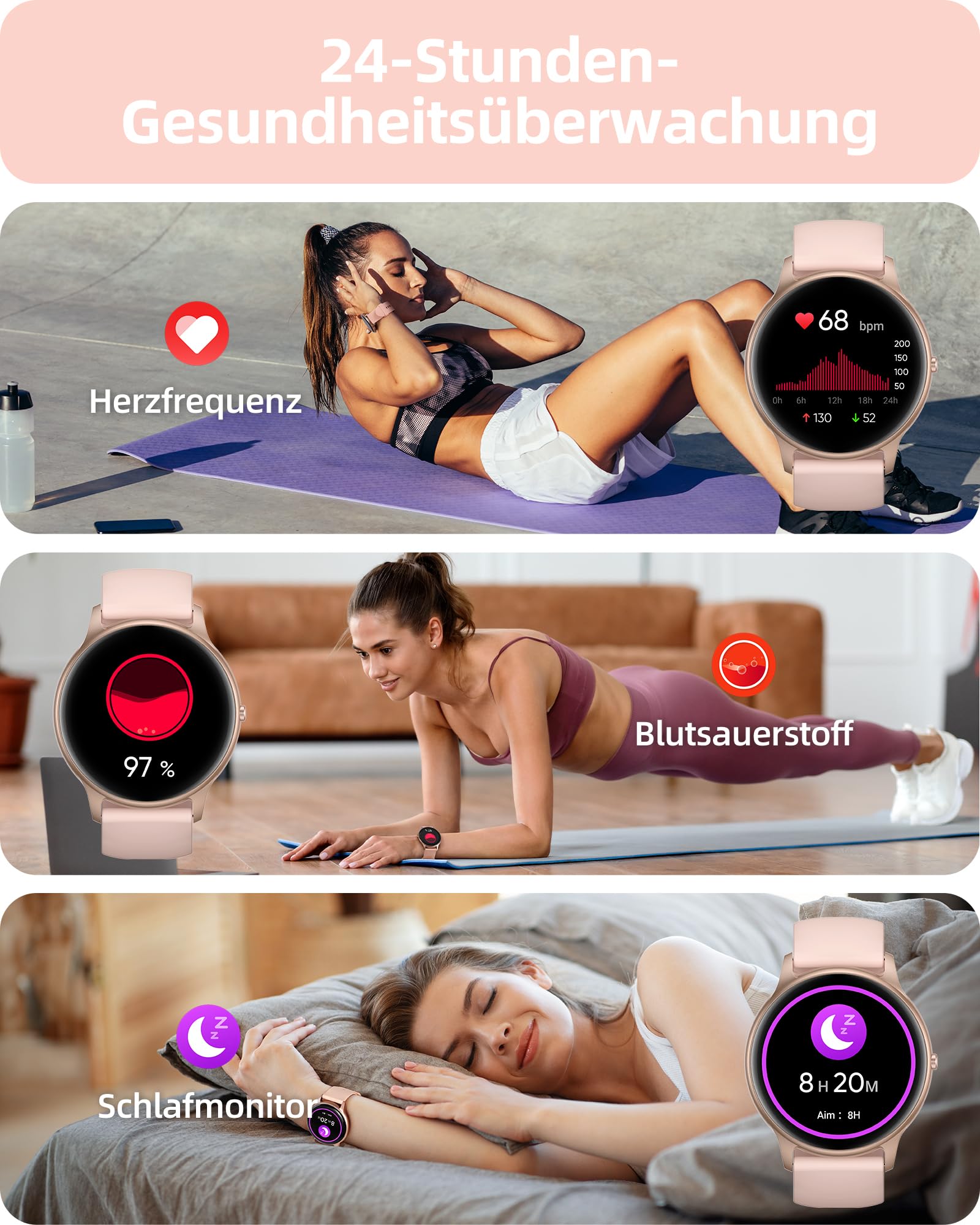 Parsonver Smartwatch Damen Rund mit Telefonfunktion, Fitnessuhr Frauen Schrittzähler, 100+ Sportmodi, IP68 Wasserdicht, Herzfrequenz Schlafmonitor SpO2, Roségold