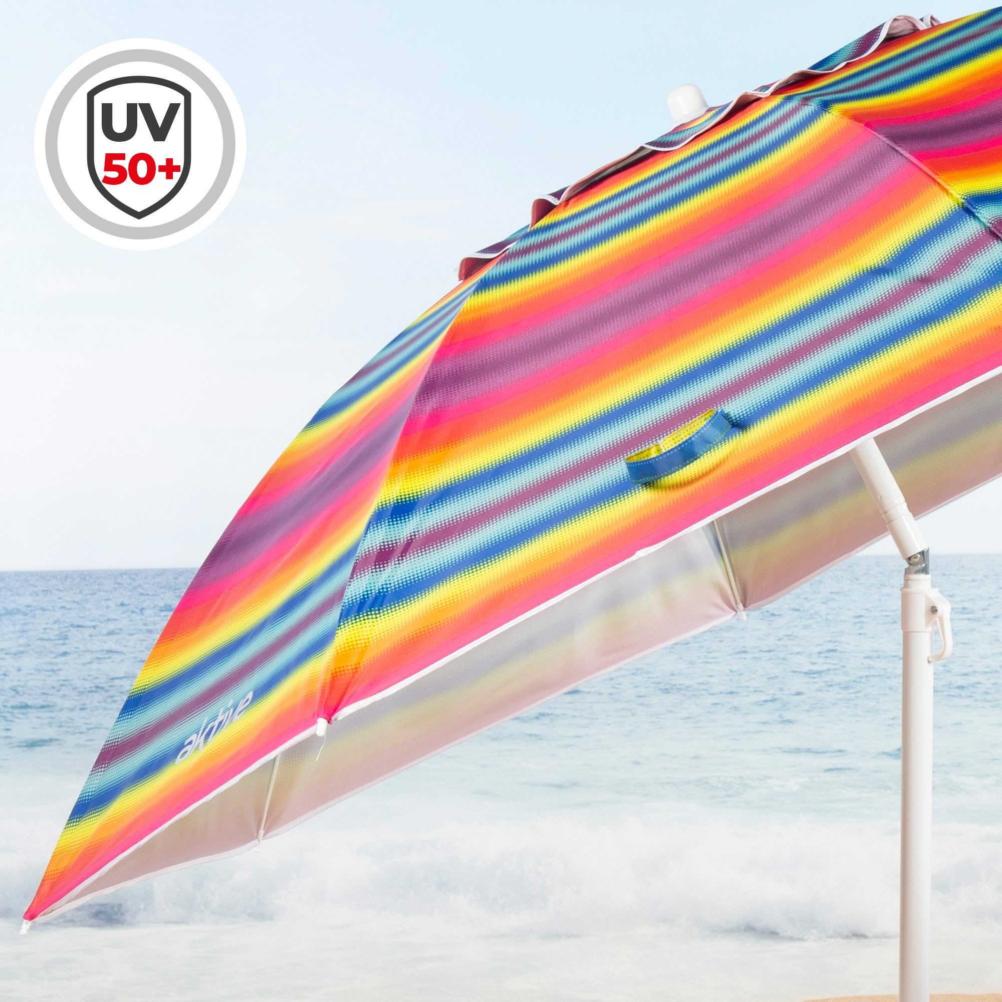 AKTIVE Ombrellone da spiaggia, 220 cm, antivento, tetto ventilato, palo da 28-32 mm, protezione UV 50, borsa portaoggetti inclusa, spiaggia