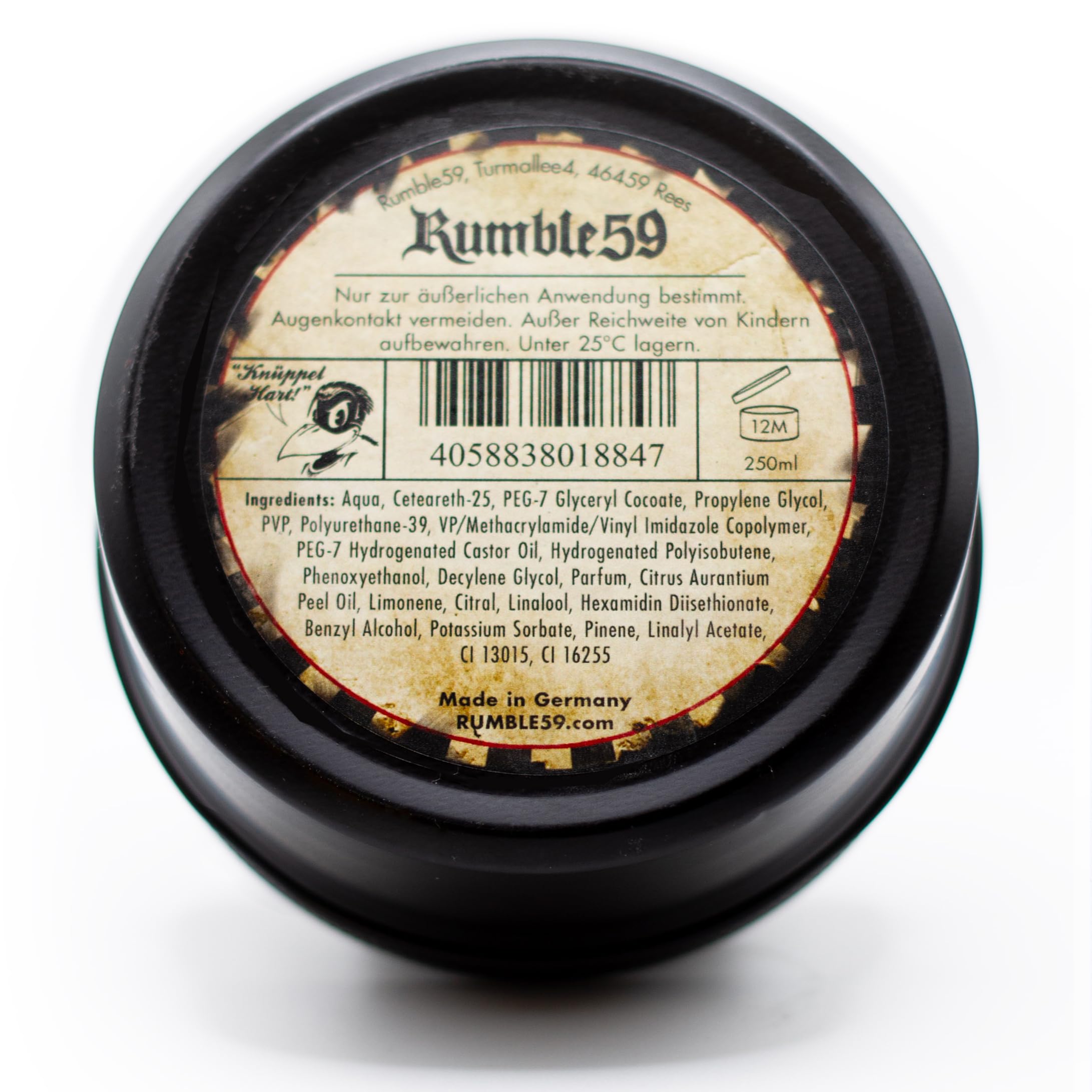 Rumble59 - Schmiere Pomade für Männer - Klassiker mit Orangenduft - 250 ml, extra starker Halt - wasserbasierte Haar Pomade, auswaschbar - Hairstyling Made in Germany