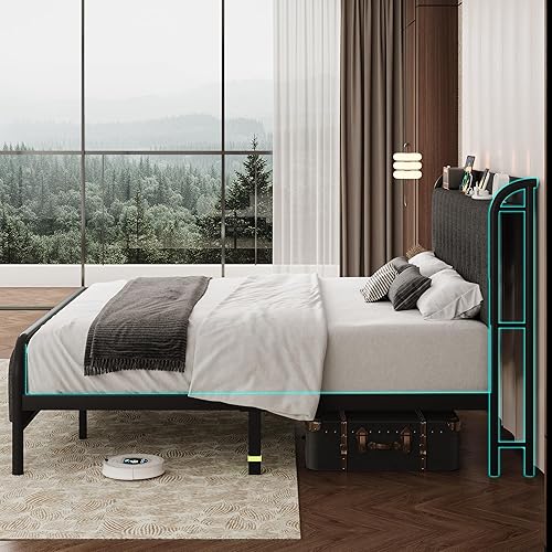 Miniatura 7 de iPormis Base de cama tamaño Queen con puertos USB y tomacorrientes, cabecera tapizada de lino fino, marco de cama de plataforma de metal resistente,