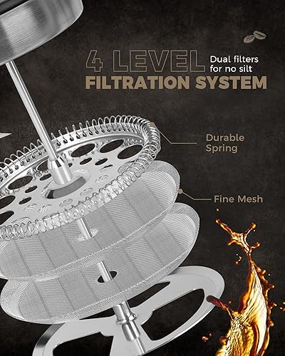 Miniatura 3 de POLIVIAR - Cafetera de prensa francesa, prensa de café de 34 onzas con mango de madera real, aislamiento de doble pared y pantalla de doble filtro,
