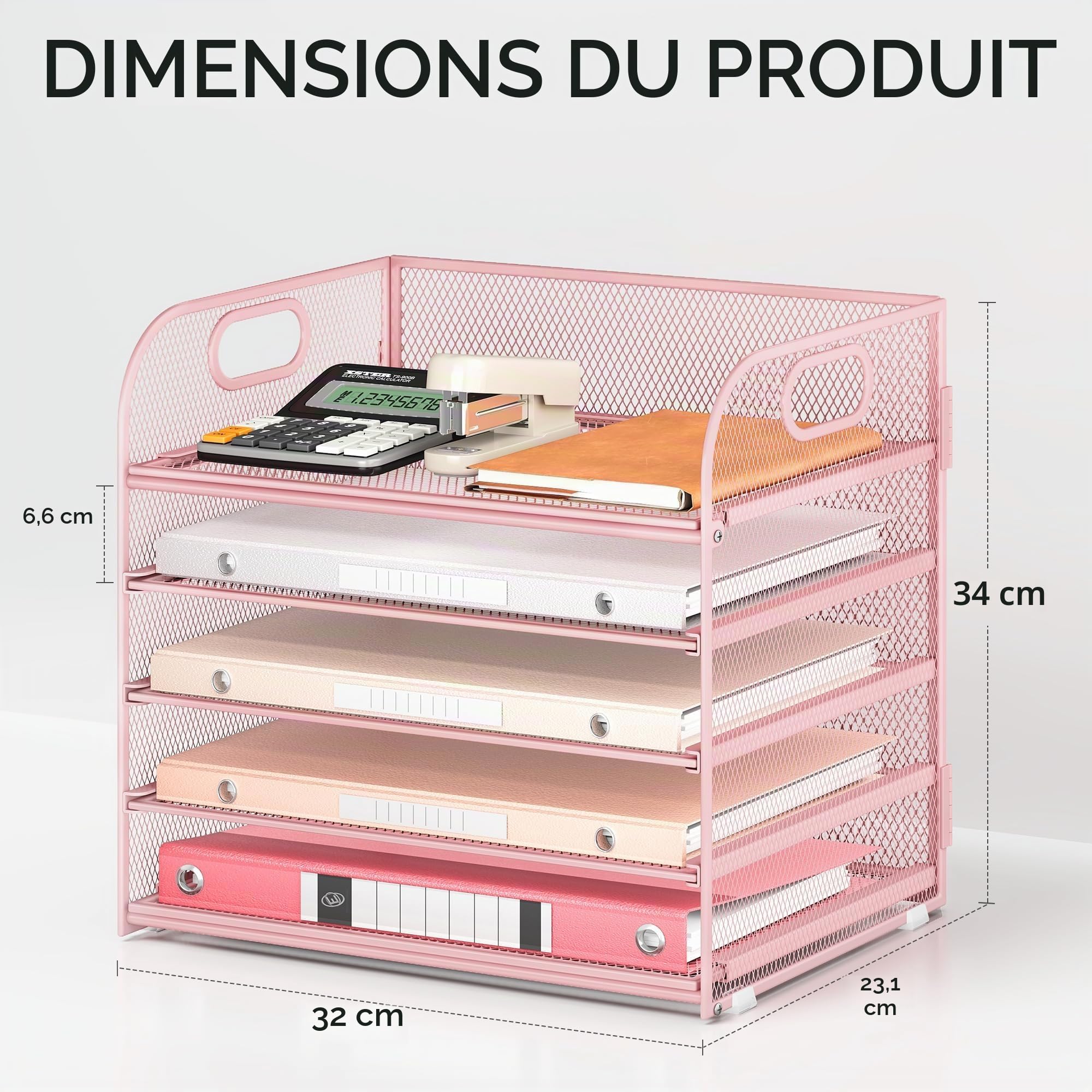 VITVITI Organiseur de Bureau à 5 Niveaux - Porte-Documents empilable avec poignée - Fournitures de Bureau pour Documents A4, Papier, Livre, Magazine - Rose