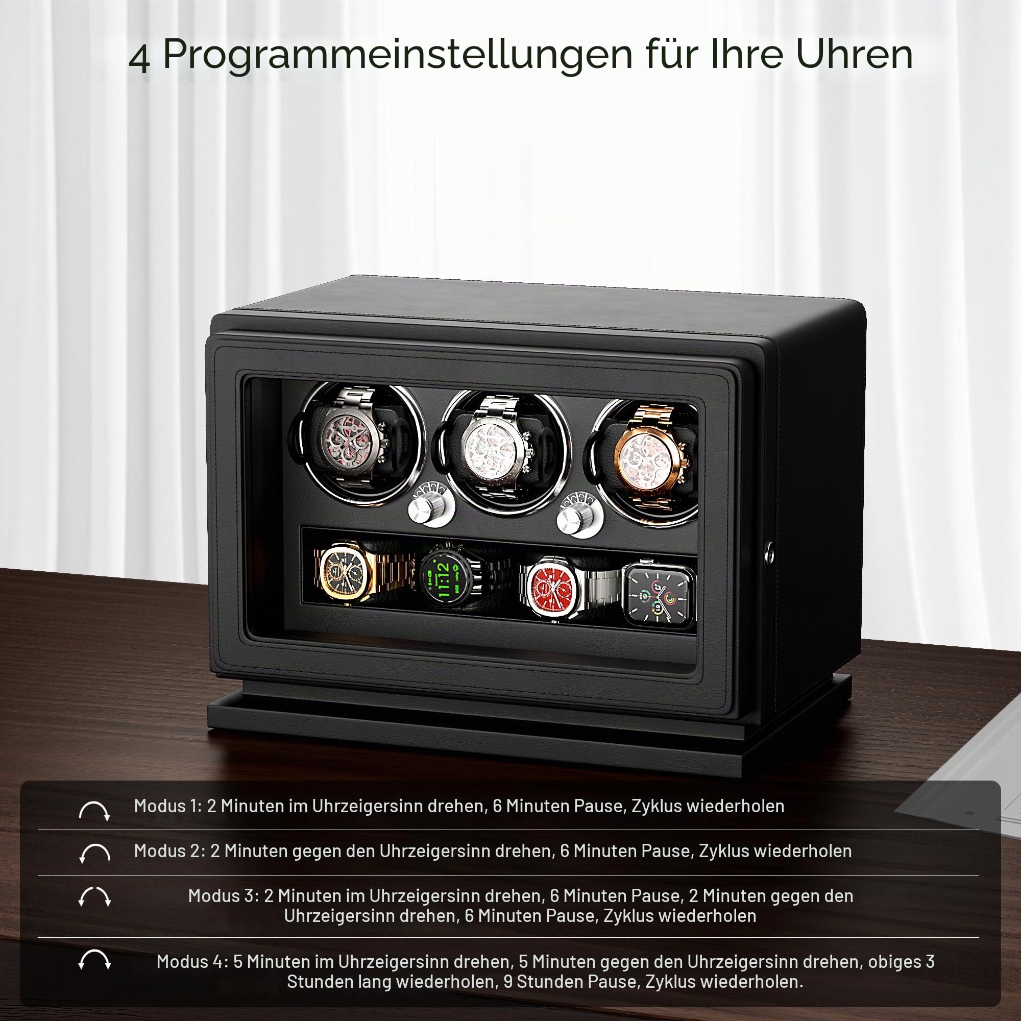 Uhrenbeweger, 2-in-1-Uhrenbeweger mit Schlüsselschloss für 3 Automatikuhren mit 4 Rotationsmodi, Mikrofaserleder, Verstellbarem Uhrenkissen, Leisem Motor und Weißem Licht für Damen & Herren