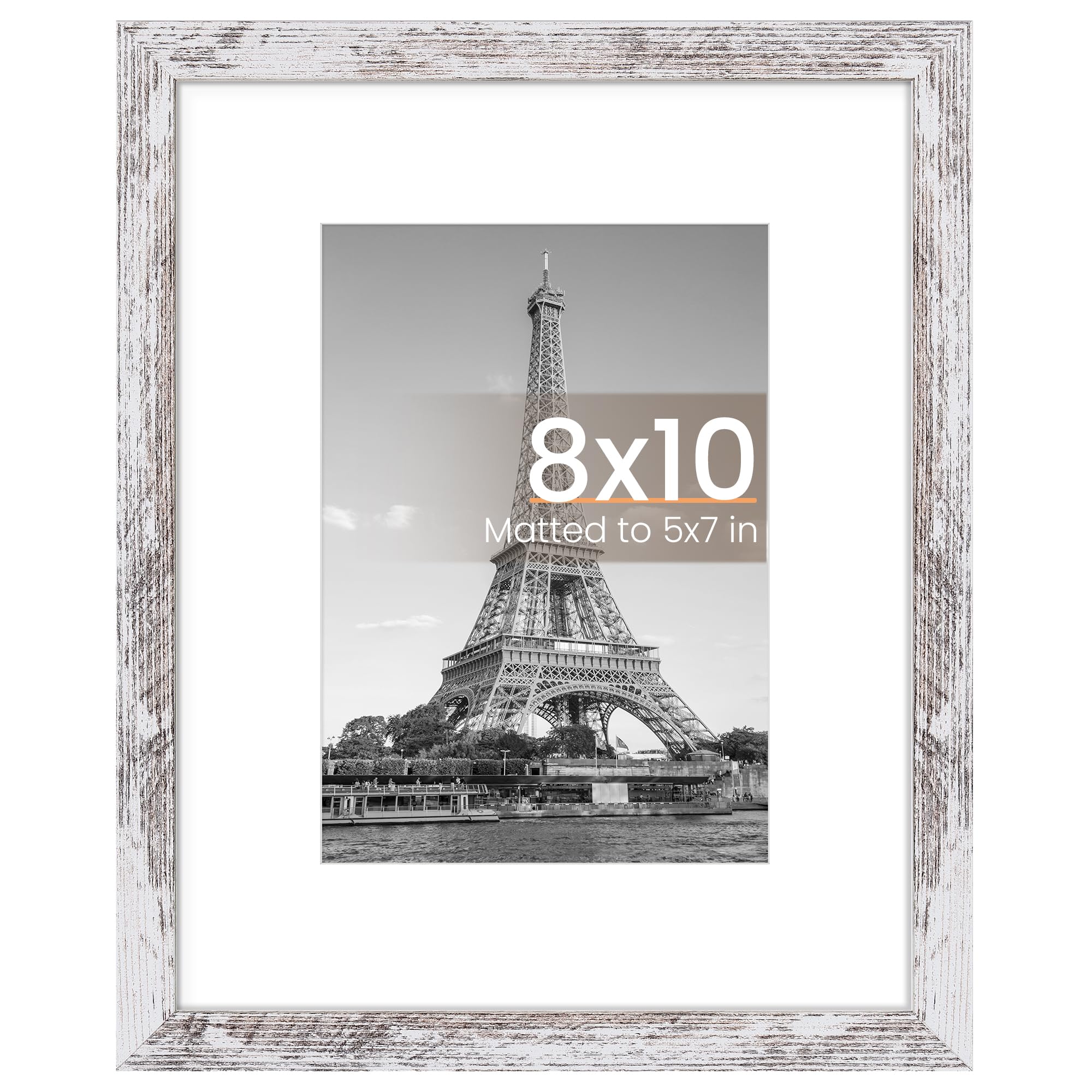 upsimples 8x10 Picture Frame, Display Pictures 5x7 with Mat or 8 x 10 Without, Wall Hanging Photo Frames, Rustic White, 1 Pack
