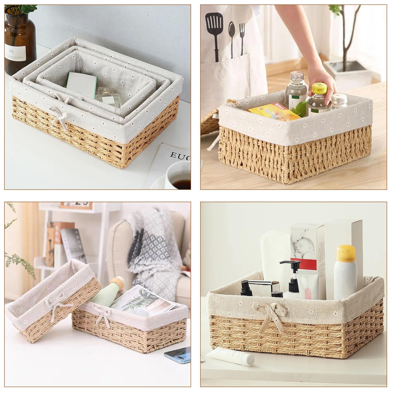 Brotkorb 3er Set, Brotkorb Geflochten mit Baumwolleinsatz, Aufbewahrungskorb Geflochten, Brötchenkorb Scandi Style, Brotkörbchen zum Brot, Backwaren und Haushaltswaren(Beige)
