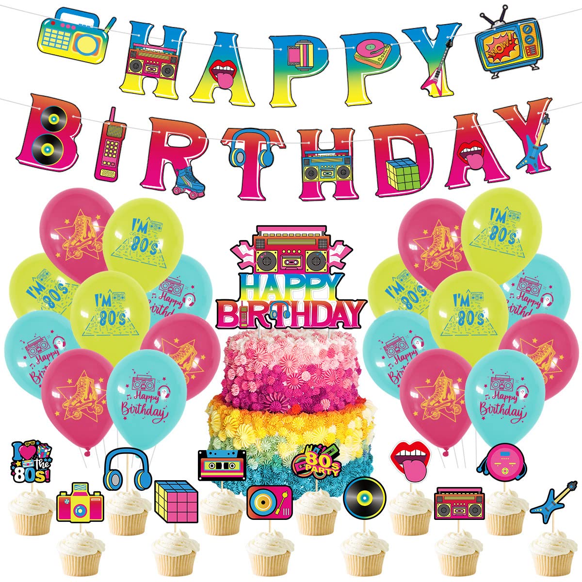 80s Party Decorations kit,Back to the 80s Banner I Love 80s Balloons,1980s Theme Retro Party Supplies,80s Party Cupcake Toppers for 1980s Retro Themed Decorations Birthday Party