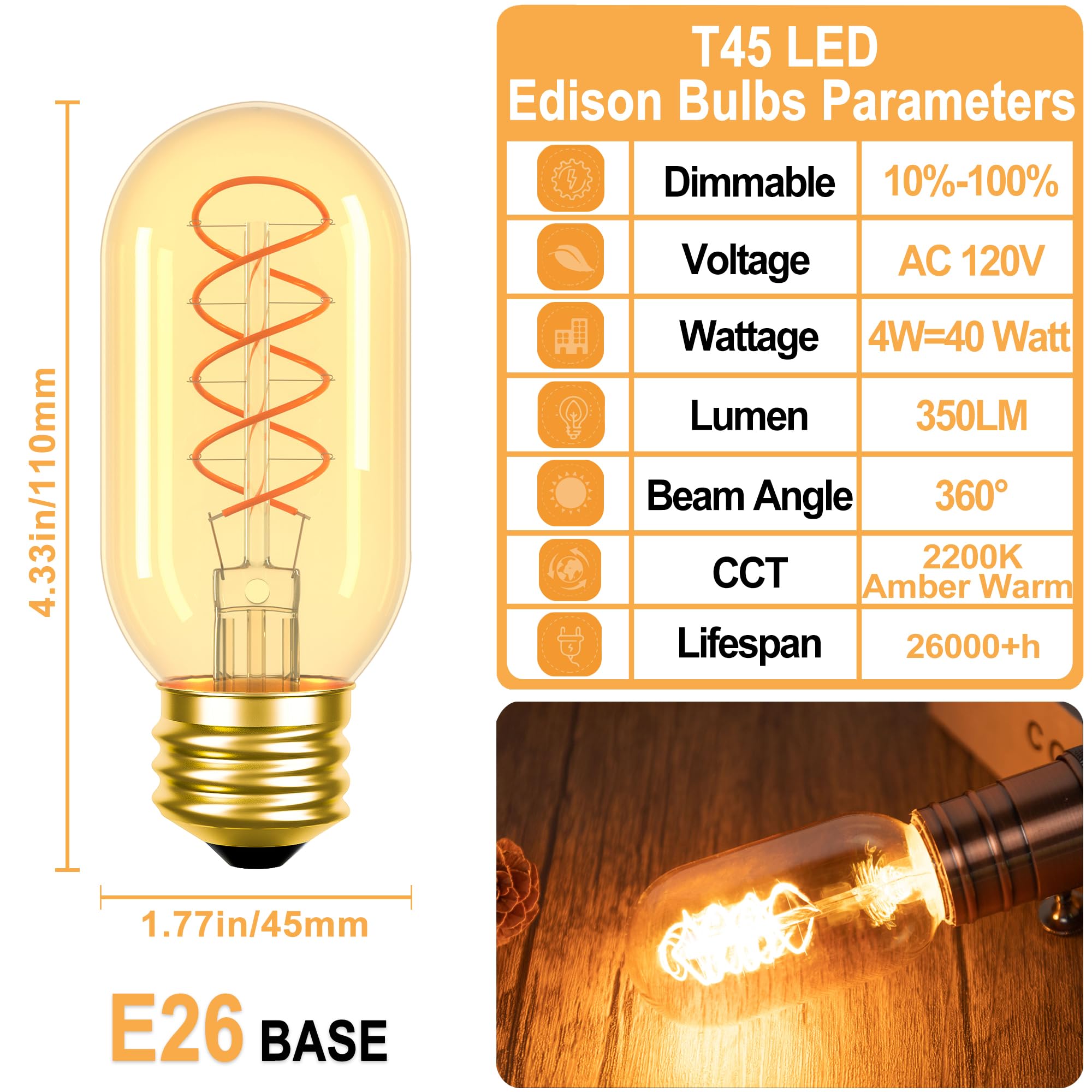 T45 LED Vintage Edison Bulbs 40 Watt Equivalent 4W LED Antique Light Bulbs Decorative 2200K Amber Warm Light — view 4
