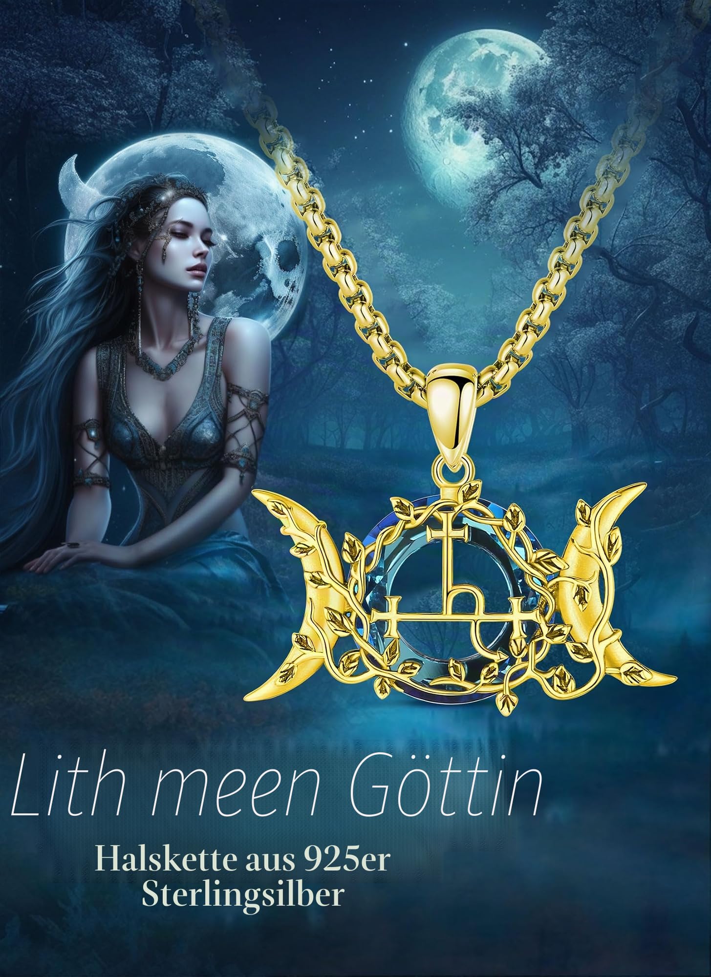 CELESTIA Mondgöttin Siegel der Lilith Halskette Hexe Lilith Kette Silber 925 Wicca Hexen Schmuck Hexerei Amulett Esoterik Geschenk für Frauen Maman Freundin