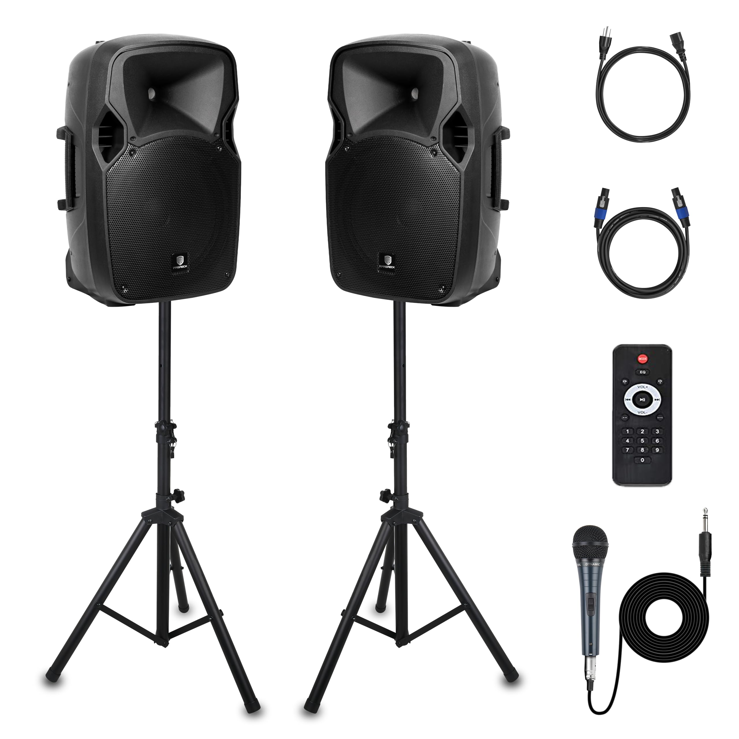 PRORECK Party 12 12-Zoll-2-Wege-Aktiv-PA-Lautsprechersystem-Kombiset mit 1000 Watt, Bluetooth/USB-Laufwerk-Lesefunktion/SD-Kartenleser/FM-Radio/Lautsprecherständer