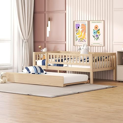 Sofá cama individual con nido, marco de cama infantil de madera tamaño individual con valla, cama nido individual para niñas, niños, cama de