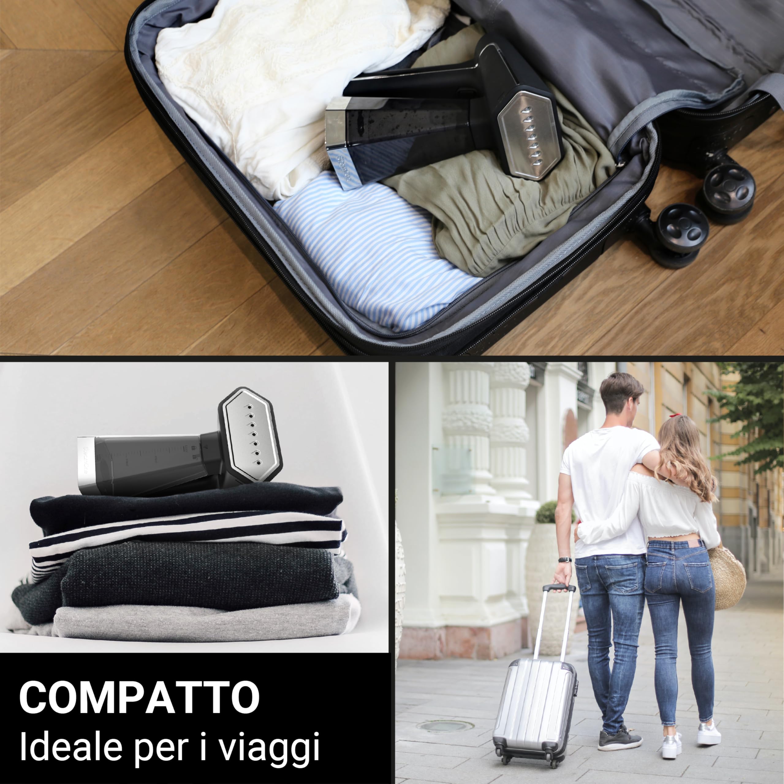 STEAMONE -Stiratore da viaggio 2000W 30g/min- Ferro da stiro portatile compatto (400 ml)- Rimuove il 99,99% dello sporco- Pronto in 40s per tutti i tessuti- Cavo da 3m - Spazzola inclusa - EUSN400B