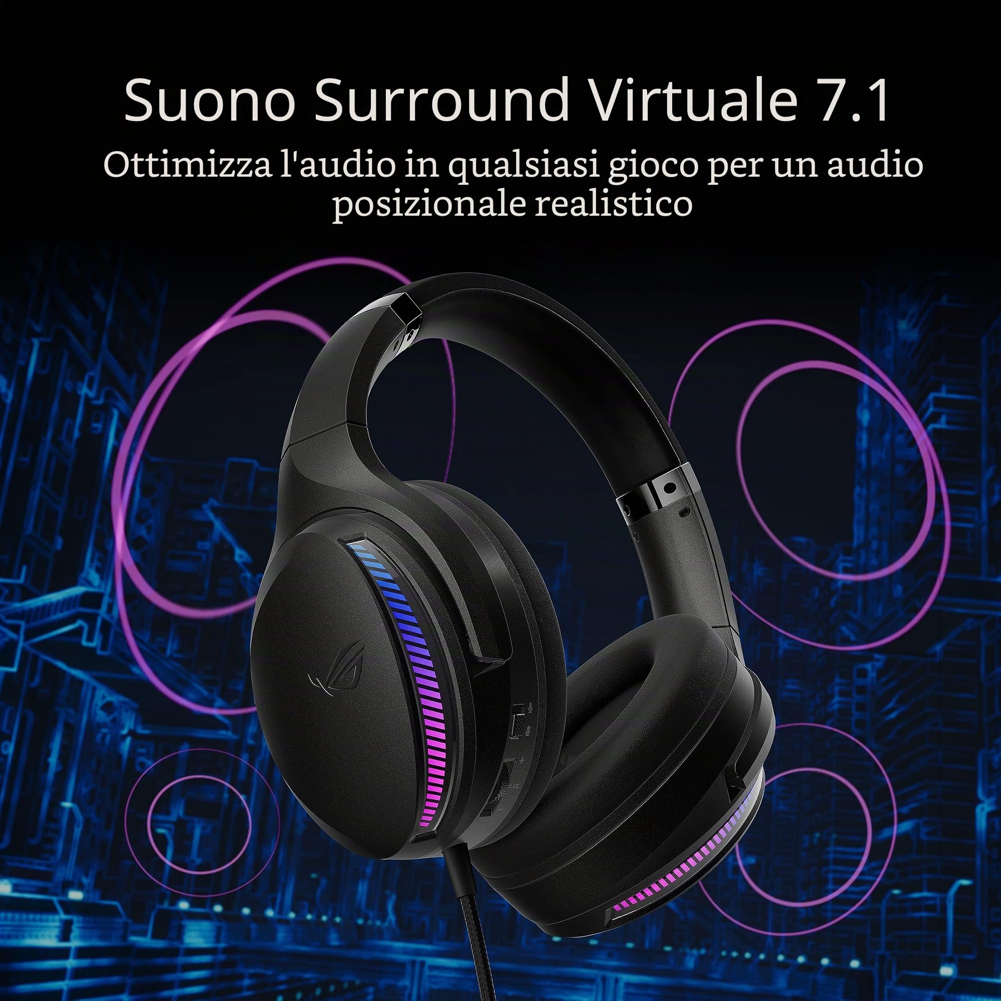 ASUS ROG Fusion II 300, Cuffia Gaming USB-C e USB-A, Microfono AI Beamforming, 7.1 Virtual Surround, Quad DAC ESS 9280, Aura RGB, Compatibile con PC|Mac|PS4|PS5|Switch|Dispositivi Mobile, Nero