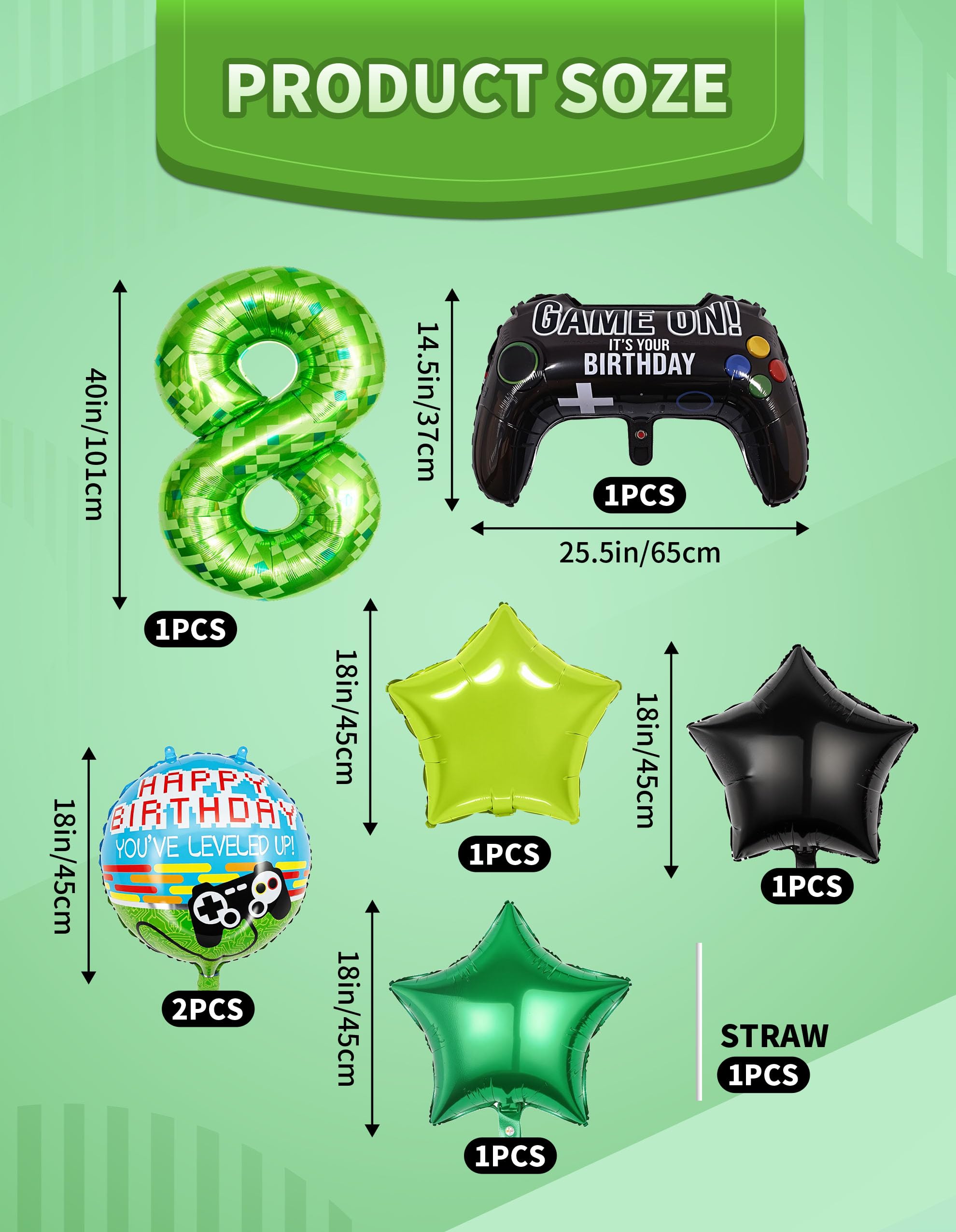 Zestaw balonów z motywem zielonych pikseli, górnik, numer 8, 7 szt., duże metaliczne balony foliowe, gry wideo, dekoracje imprezowe na urodziny, rocznicę, przyjęcie 102 cm