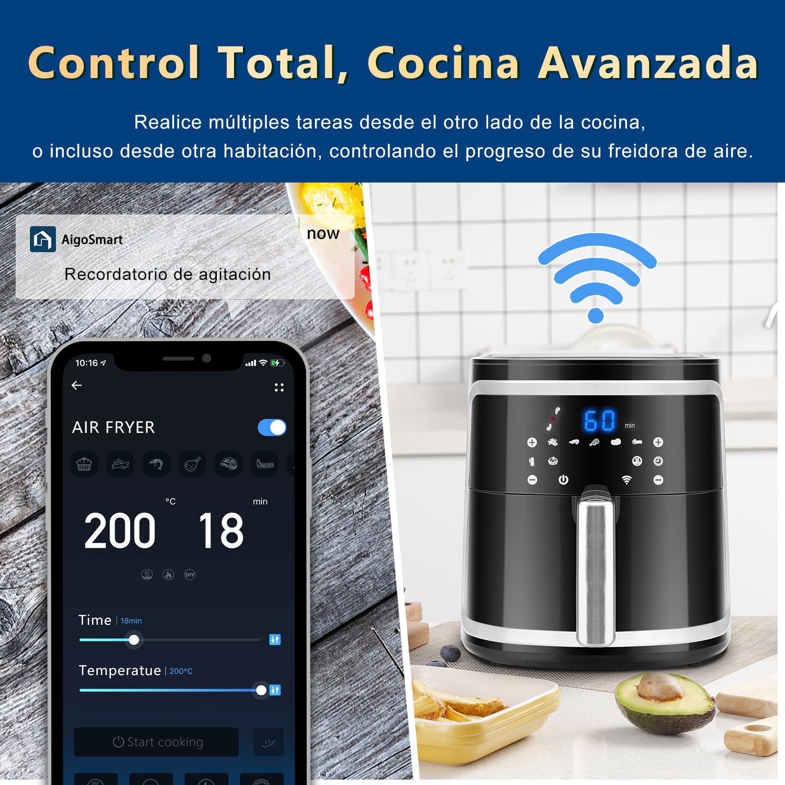 Aigostar Cube Smart - Freidora de aire inteligente sin aceite, Conexión Wifi, 1900W, 7L, Modo manual, Pantalla LED táctil, 7 funciones preestablecidas + mantener caliente y modo manual, Libre de BPA