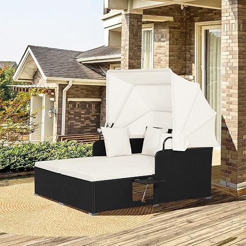 Miniatura 5 de HAPPYGRILL Juego de sofá biplaza de mimbre de polietileno tejido a mano para exteriores con toldo retráctil y 2 mesas laterales, tumbona para