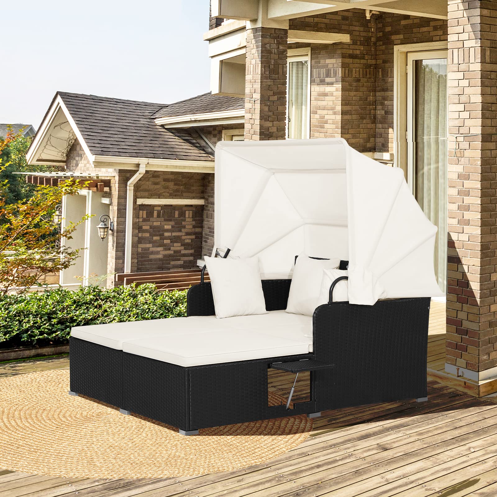 GIANTEX Sonneninsel Sonnenliege Set Rattan, Gartenliege 2 Personen mit faltbarem Sonnendach, Doppelliege Liegeinsel mit klappbaren Tablett & Kissen, Gartenlounge Gartenmuschel Daybed Outdoor (Beige)