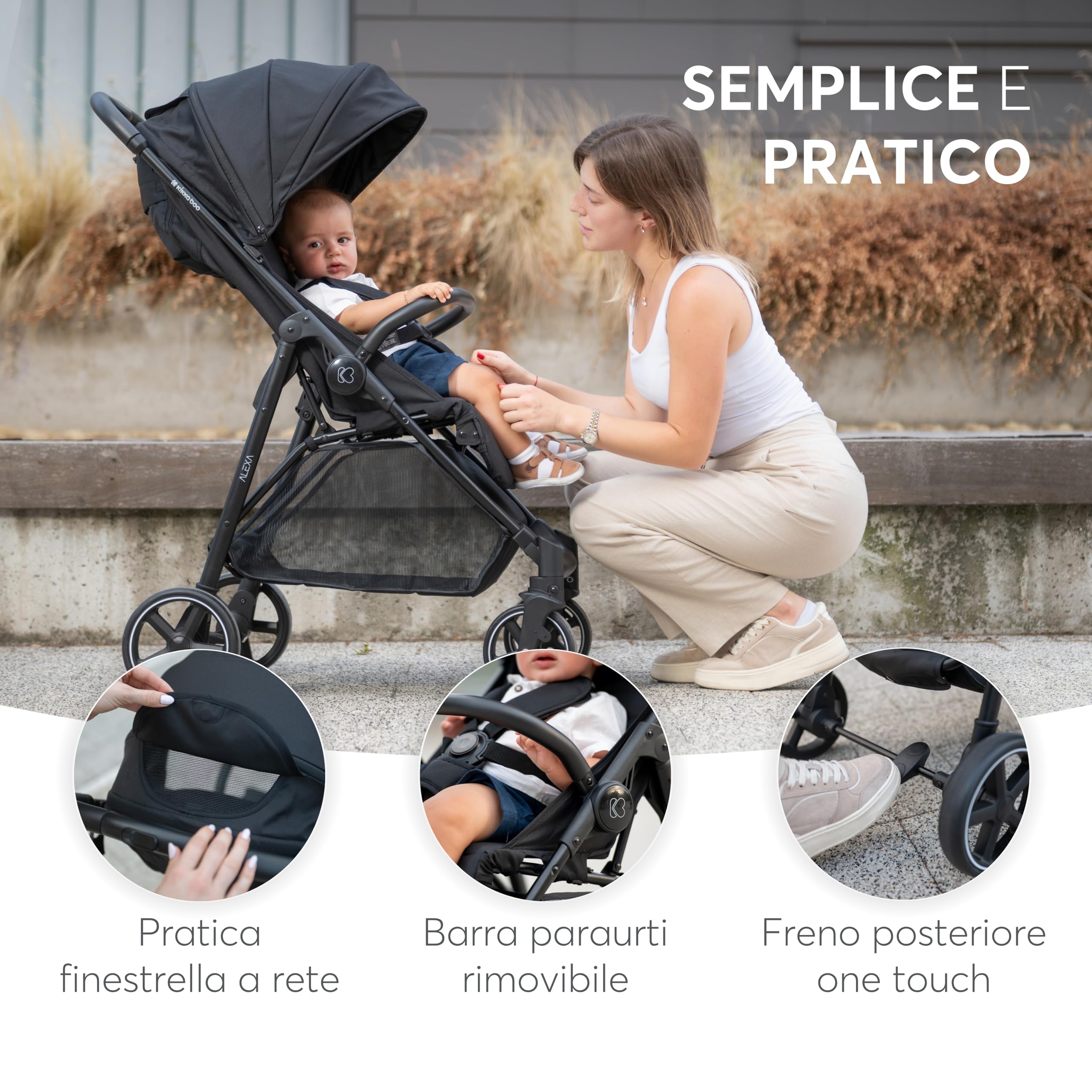 KikkaBoo ALEXA Passeggino Leggero dalla nascita fino a 22 kg, Pieghevole con una mano, Schienale reclinabile, Ruote con sospensioni, Poggiapiedi regolabile, Cintura di sicurezza a 5 punti, Grigio