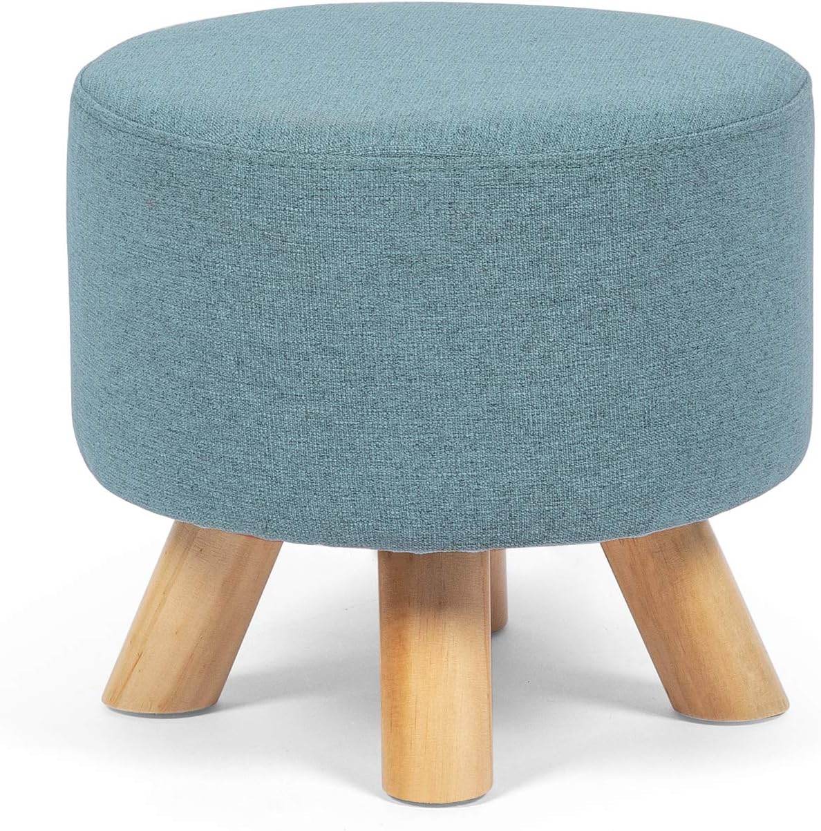 Small Round Ottoman Foot Rest Stool Fabric Padded Seat Footstool Ottoman with Anti-Slip Wooden Legs (Light Blue,Fabric)