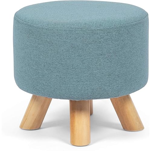 Asense Small Round Ottoman Foot Rest Stool Fabric Padded Seat Footstool Ottoman with Anti-Slip Wooden Legs (Light Blue,Fabric)