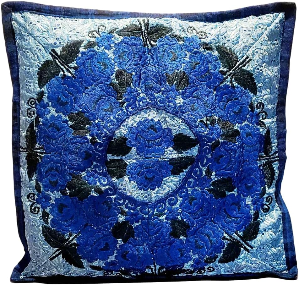 Vivid Blue Embroidered Guatemalan Throw Pillow Cover