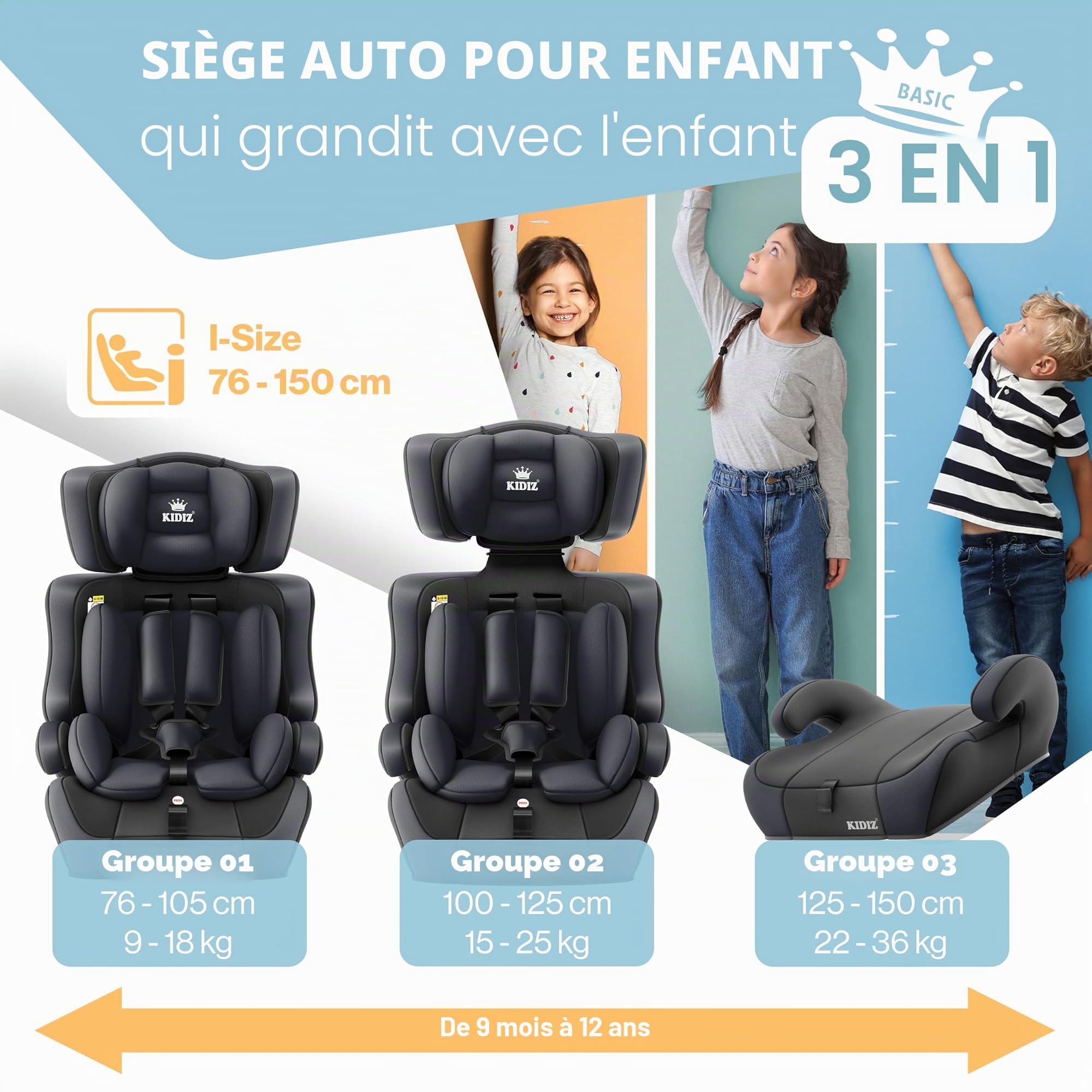 KIDIZ® i-Size R129 Siège auto pour enfant de 100 à 150 cm jusqu'à 12 ans, groupe 1/2/3 sans Isofix, siège enfant qui grandit avec le temps, ceinture 5 points et appuie-tête réglable en hauteur