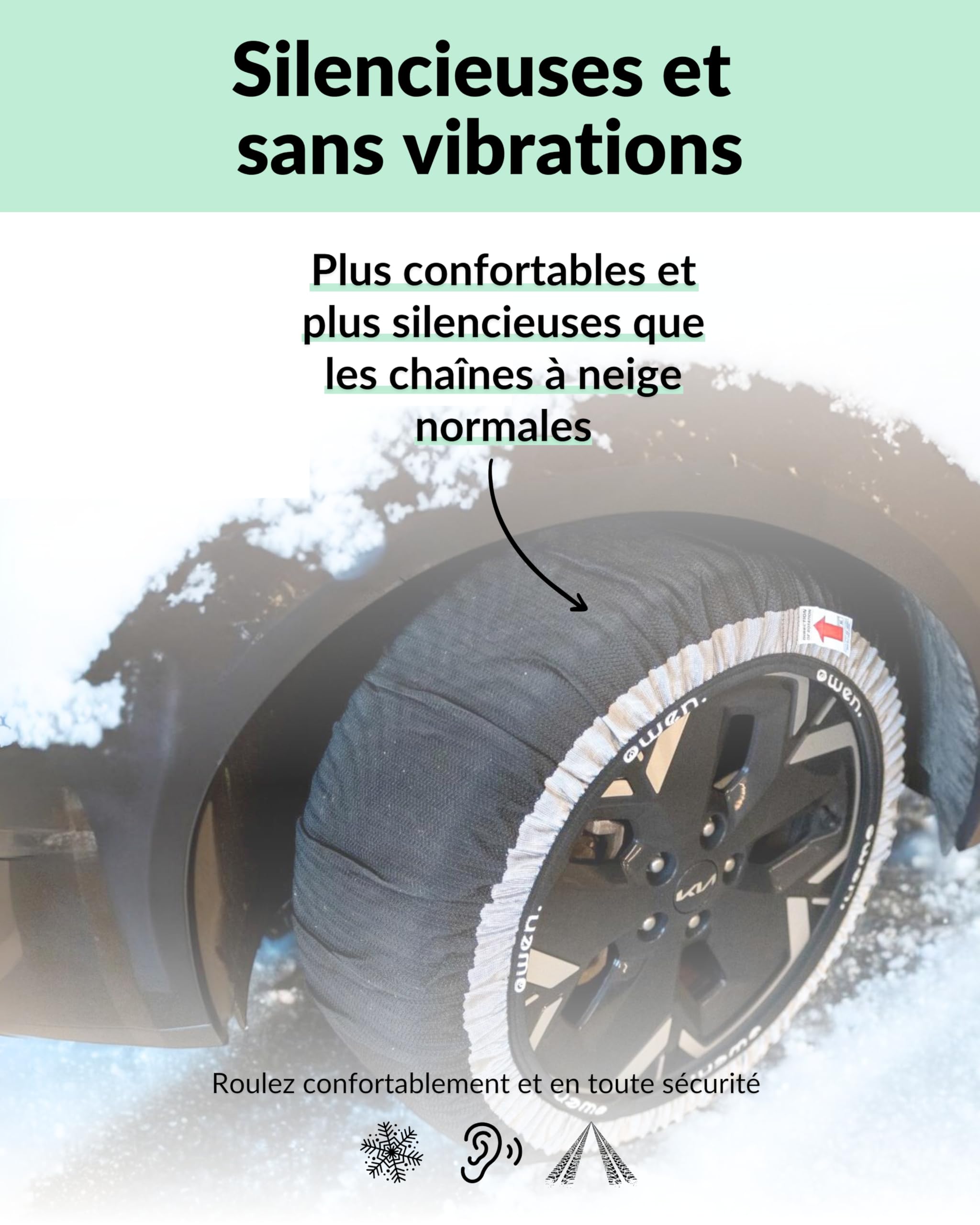 OWEN chaînes à neige textiles XS-XXL | Lot de 2 | Homologuées EN 16662-1 | Tissu 3D breveté pour traction maximale sur neige et glace | Protection ABS/ESP | Montage facile en 2 minutes (M)