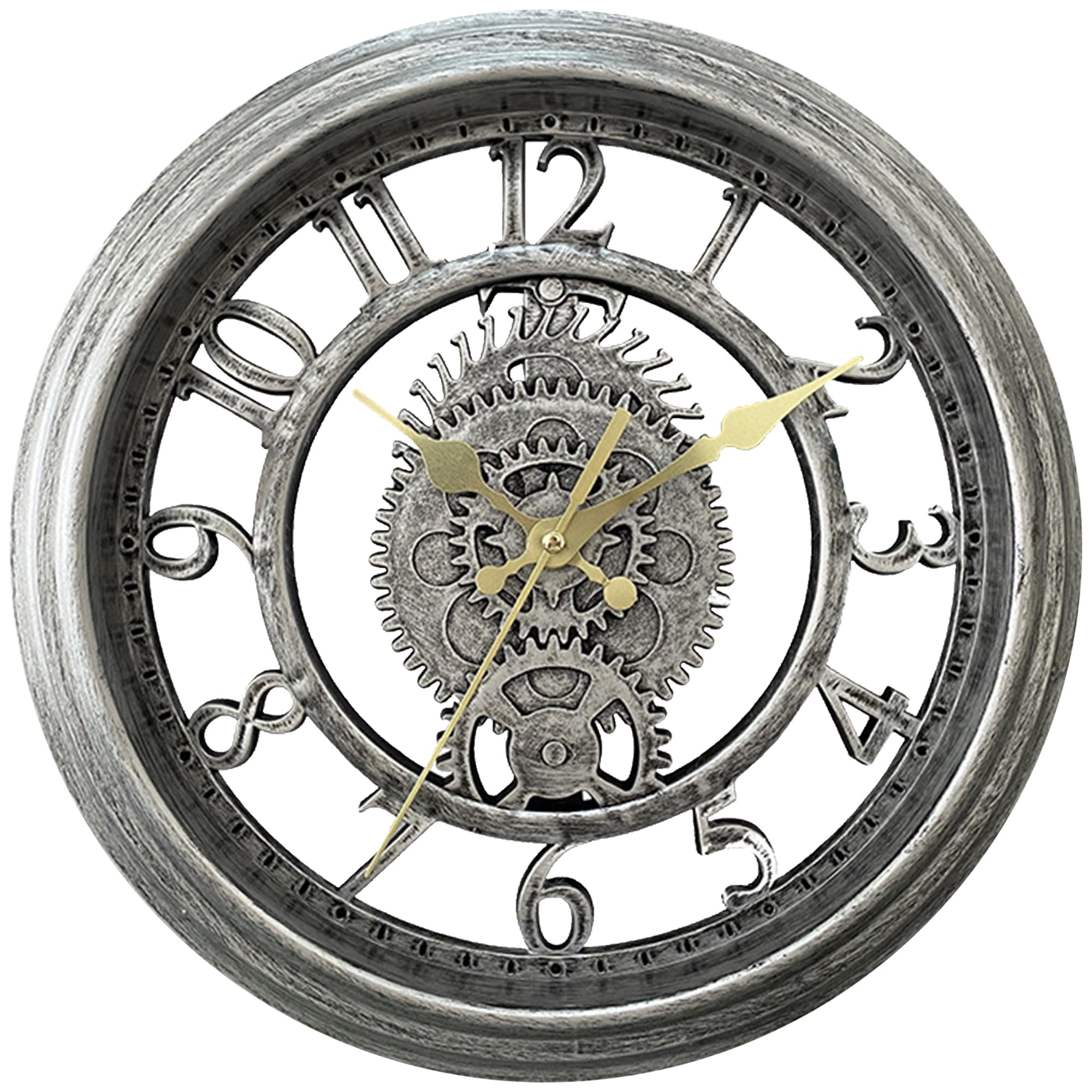 HMETOL Rustic Farmhouse Gear Clock with Moving Gears Wall Clock Industrial Steampunk Unique for Home Living Room Office Decor Silver 28 cm