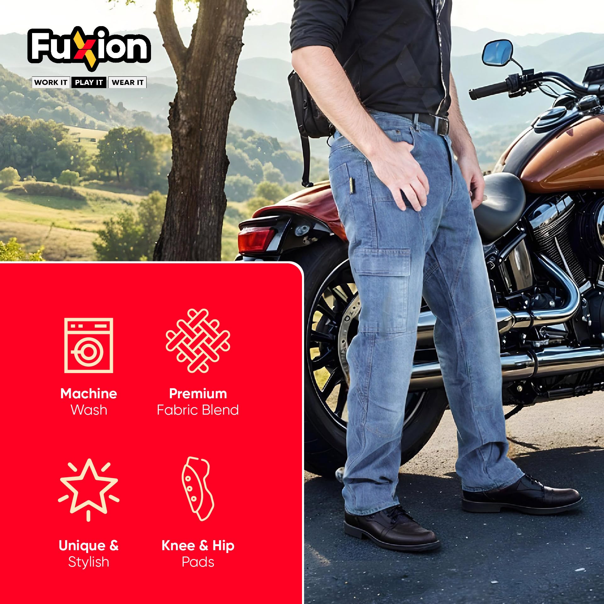 Juicy Trendz Dżinsy motocyklowe – męskie spodnie dla motocyklistów z ochraniaczami na kolana i biodra, stylowe i ochronne spodnie z kevlaru dla rowerzysty